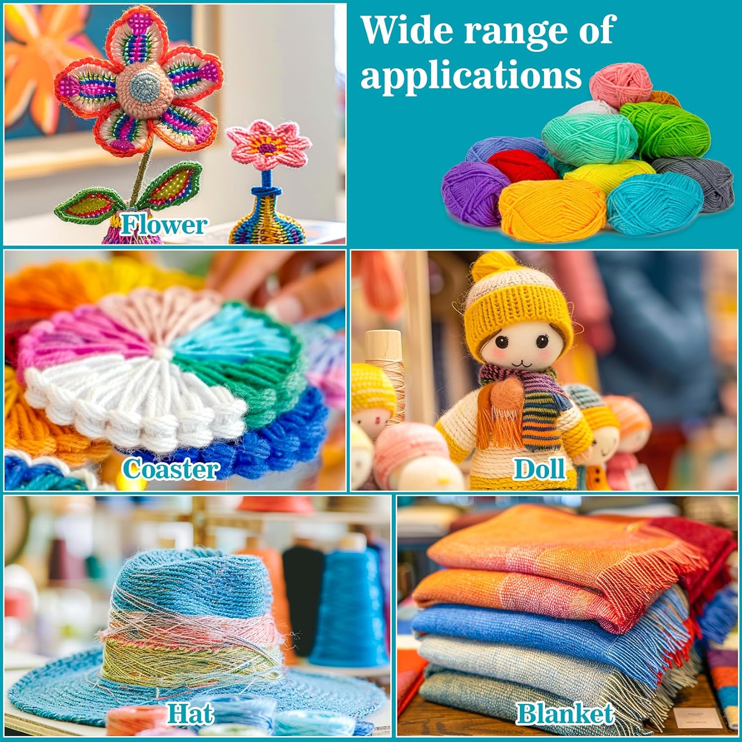 Showcases the wide range of creative projects possible with yarn, from decorative items to wearables and home goods.