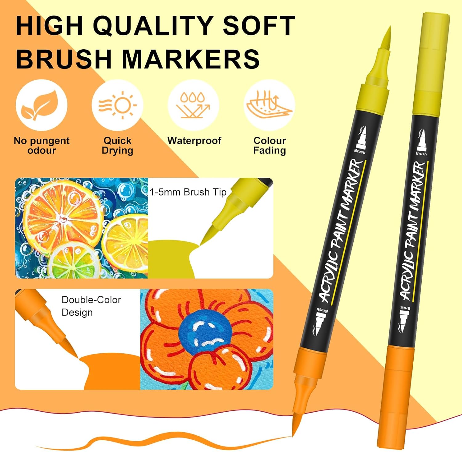 Highlights multiple quality features of the soft brush markers to demonstrate their superiority and versatility for various artistic applications.