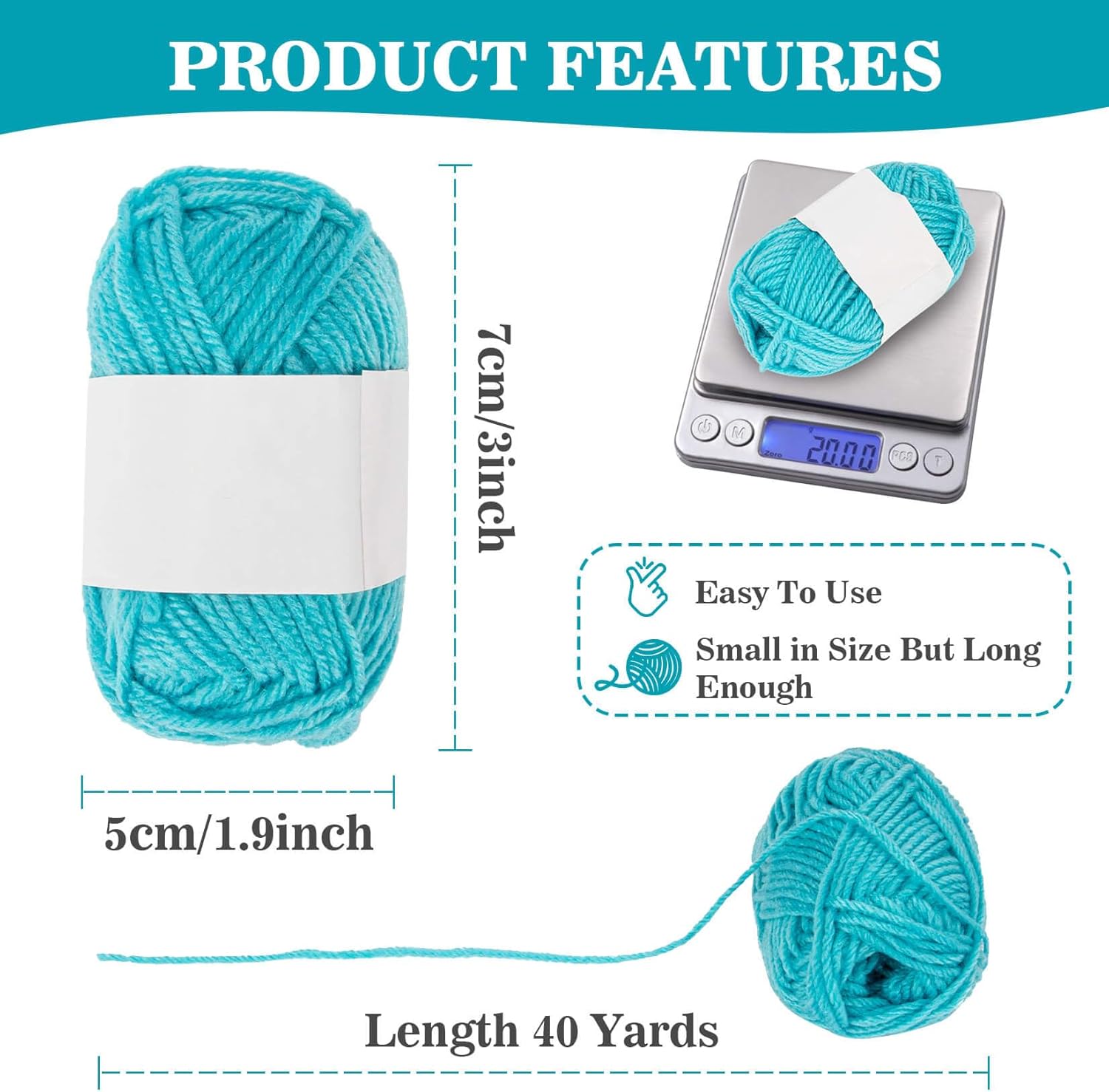 Highlights multiple key features of the yarn product, including its compact size, long length, precise weight, and ease of use.
