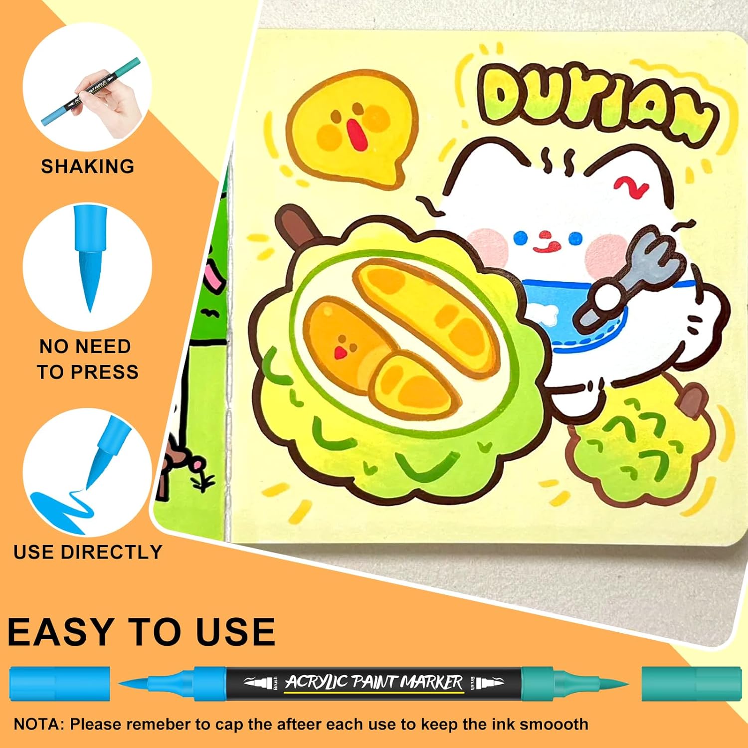Demonstrates the simple steps to use the acrylic paint marker, emphasizing its ease of use without needing to press or shake. Highlights multiple benefits of the paint marker, including no need for…