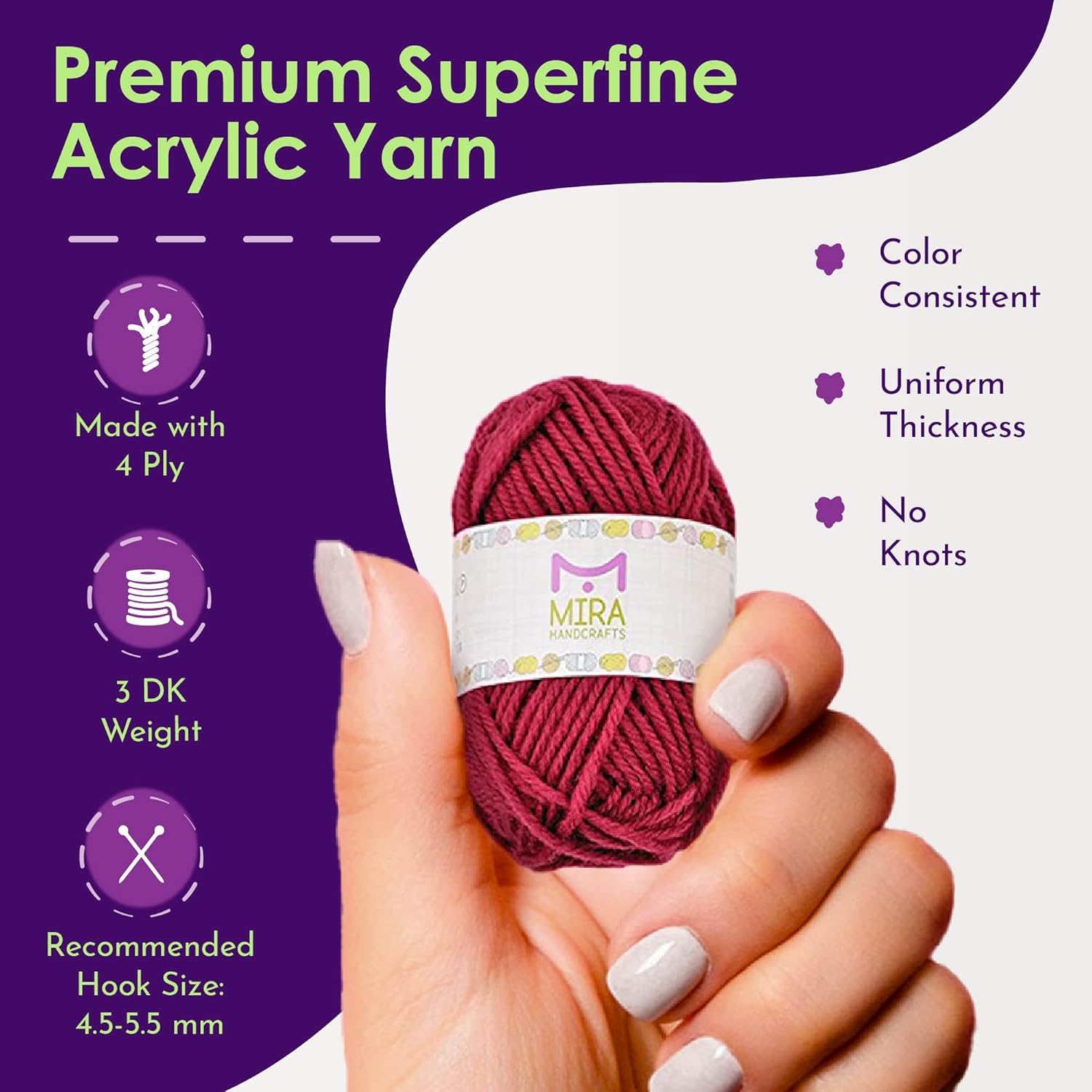 Highlights multiple features of the acrylic yarn to showcase its premium quality and provide specific details for crafters.