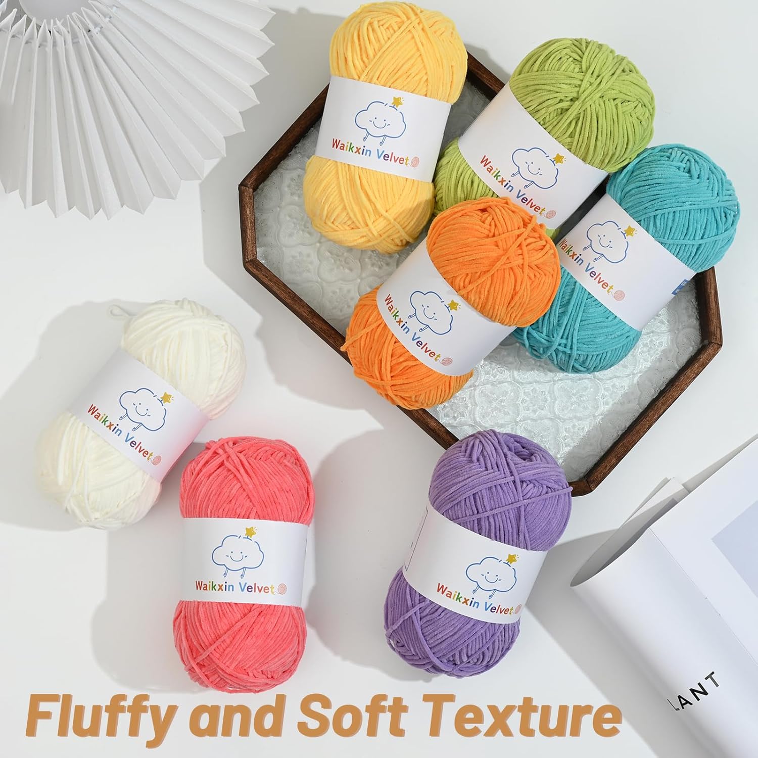 Highlights the fluffy and soft texture of the yarn to appeal to crafters looking for comfortable materials.