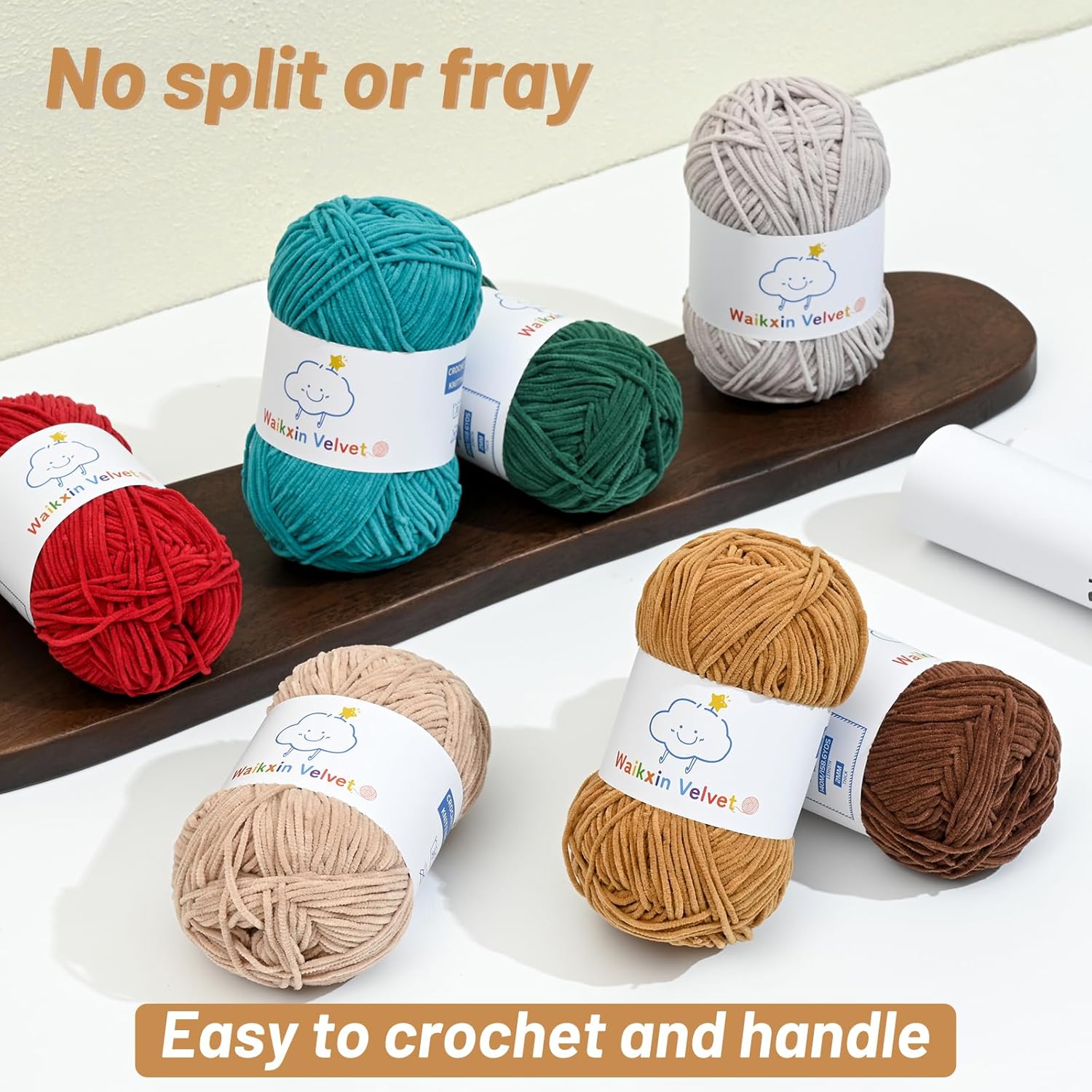 Highlights the yarn's durability and quality, reassuring customers that the product won't easily split or fray during use. Informs customers that the yarn is user-friendly and suitable for crochet…
