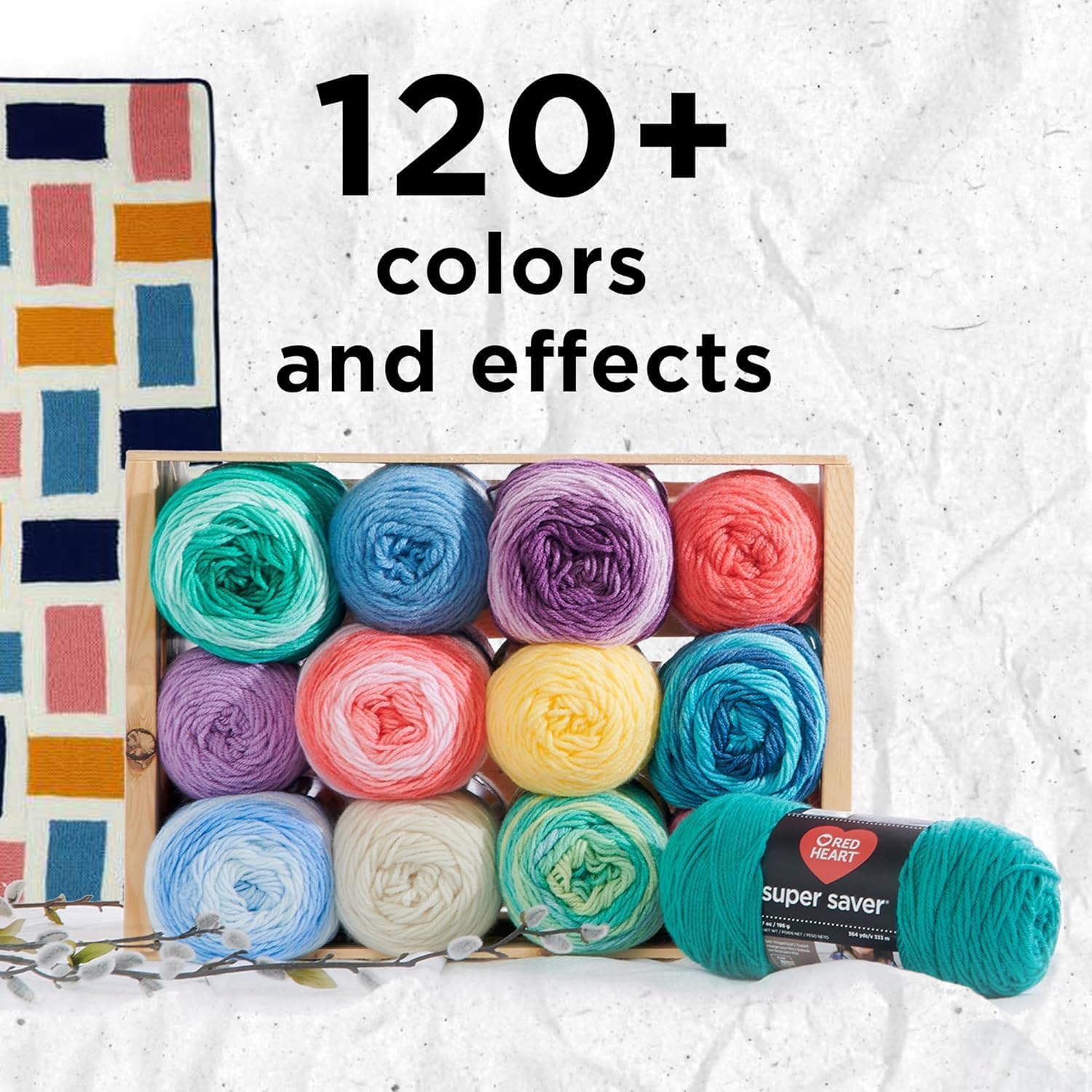 Highlights the wide range of colors available for the yarn product, emphasizing the variety and options for crafters.