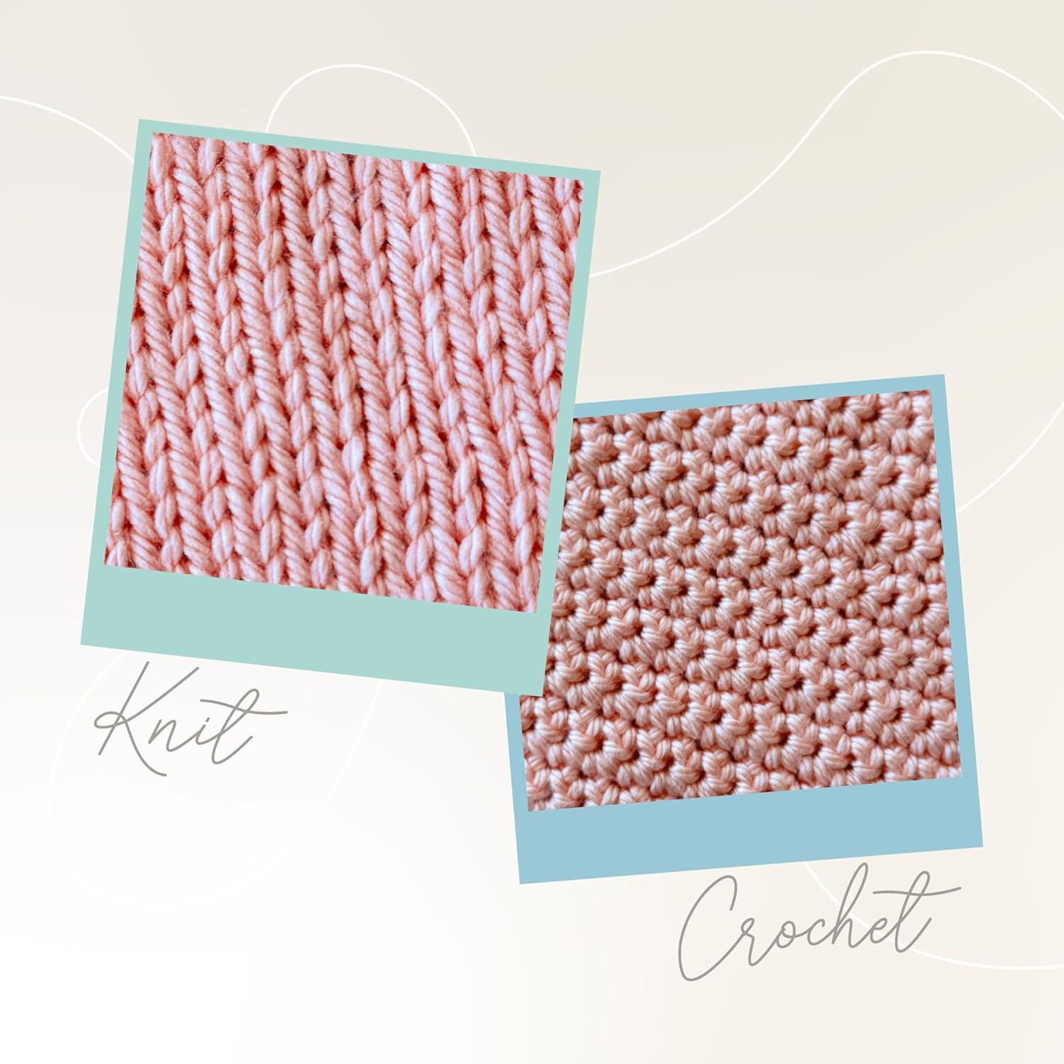 Compares the texture and appearance of knit and crochet stitches to help customers understand the difference between these two techniques.