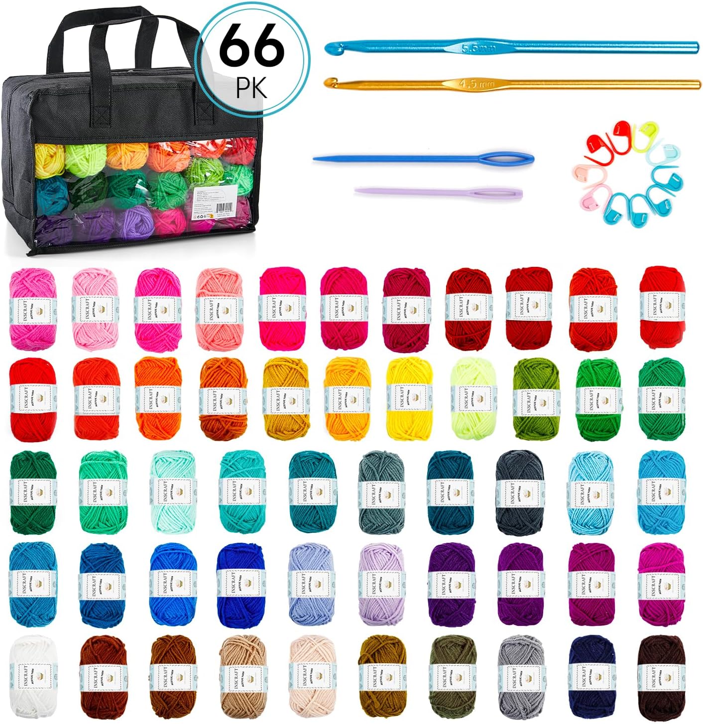 Shows the complete set of items included in the crochet kit, highlighting the variety of yarn colors and tools provided.