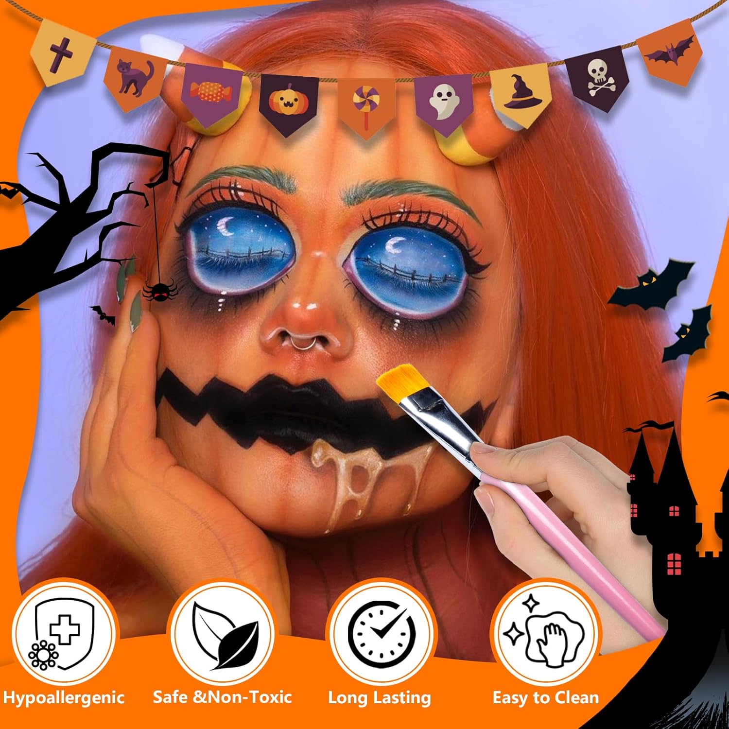 Showcases the product's suitability for creating elaborate Halloween makeup looks, emphasizing its seasonal relevance. Highlights the safety features of the makeup product, reassuring customers…