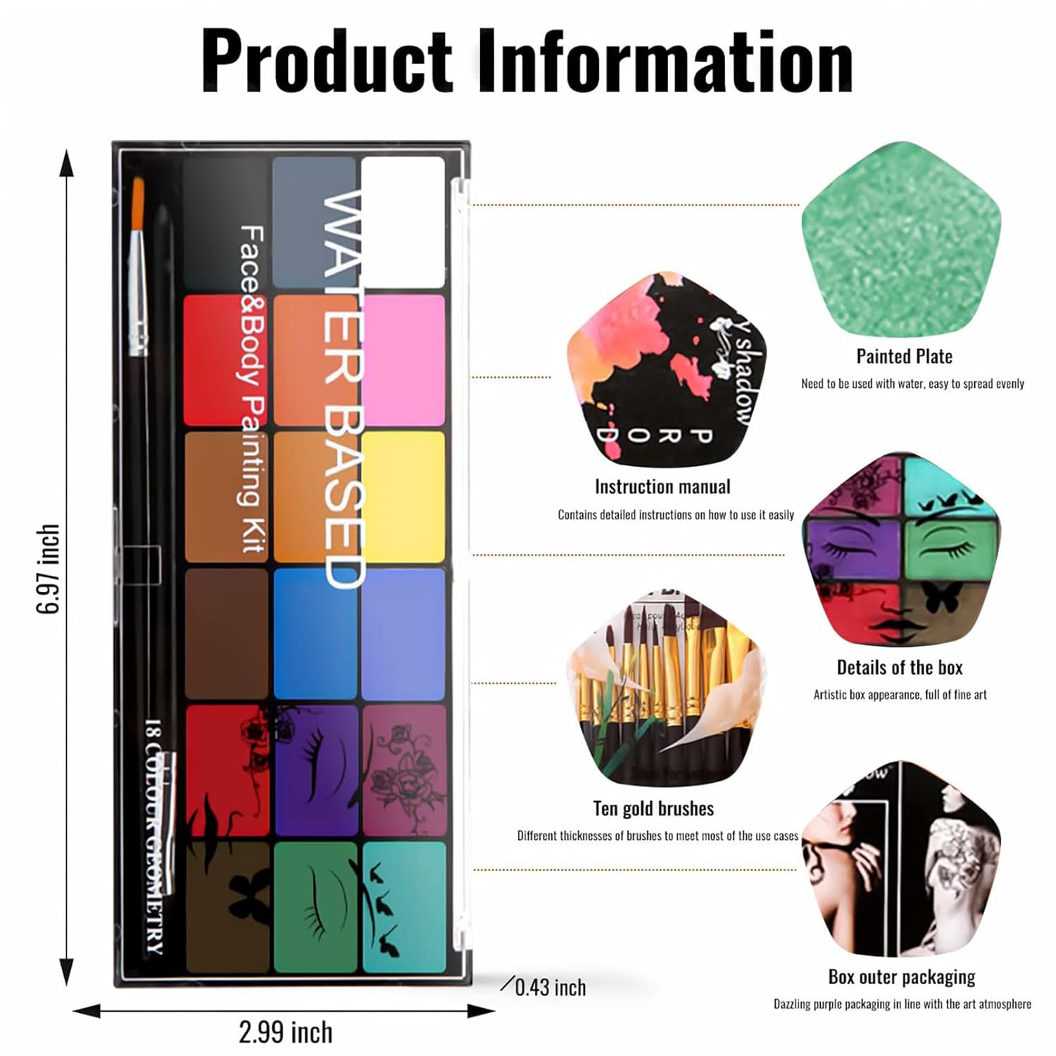 Secondary Images for Face Painting Kit Non-toxic Body Paint Washable 18 Colors Facepaint Makeup Kit for…