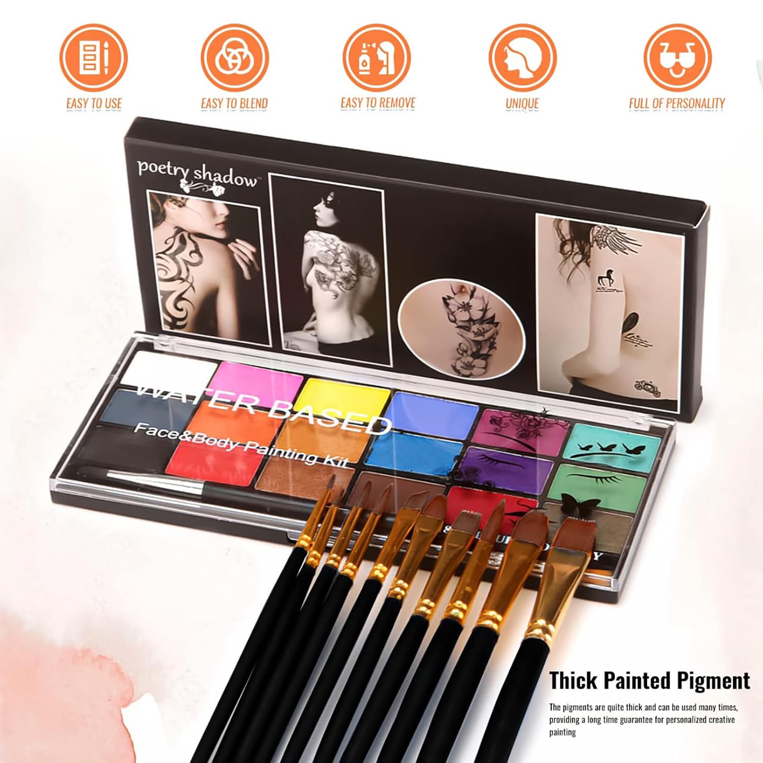 Highlights multiple benefits of the face and body painting kit, emphasizing its ease of use, versatility, and ability to create unique looks.