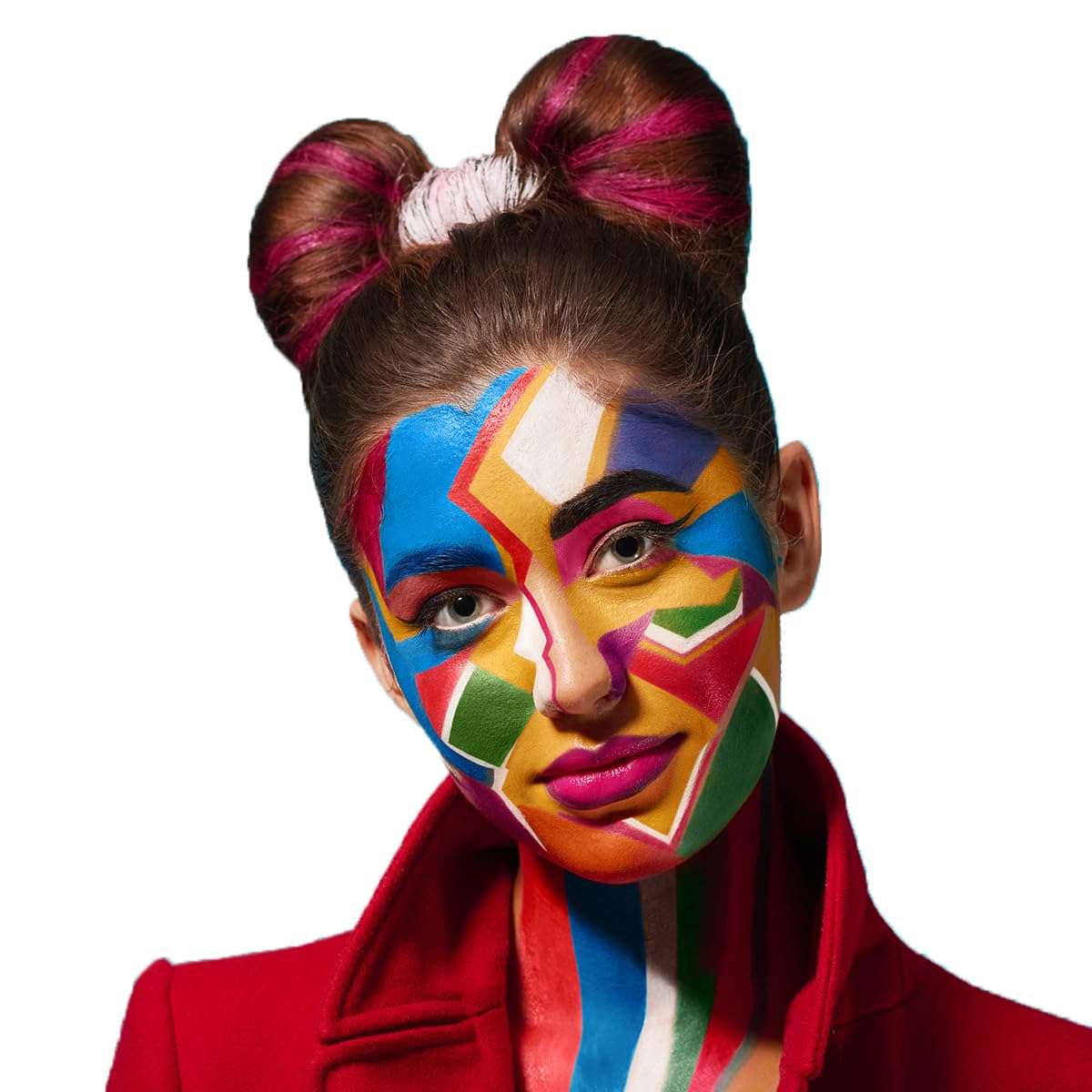 Showcases the vibrant and creative possibilities of the makeup product through an artistic, colorful face paint design.