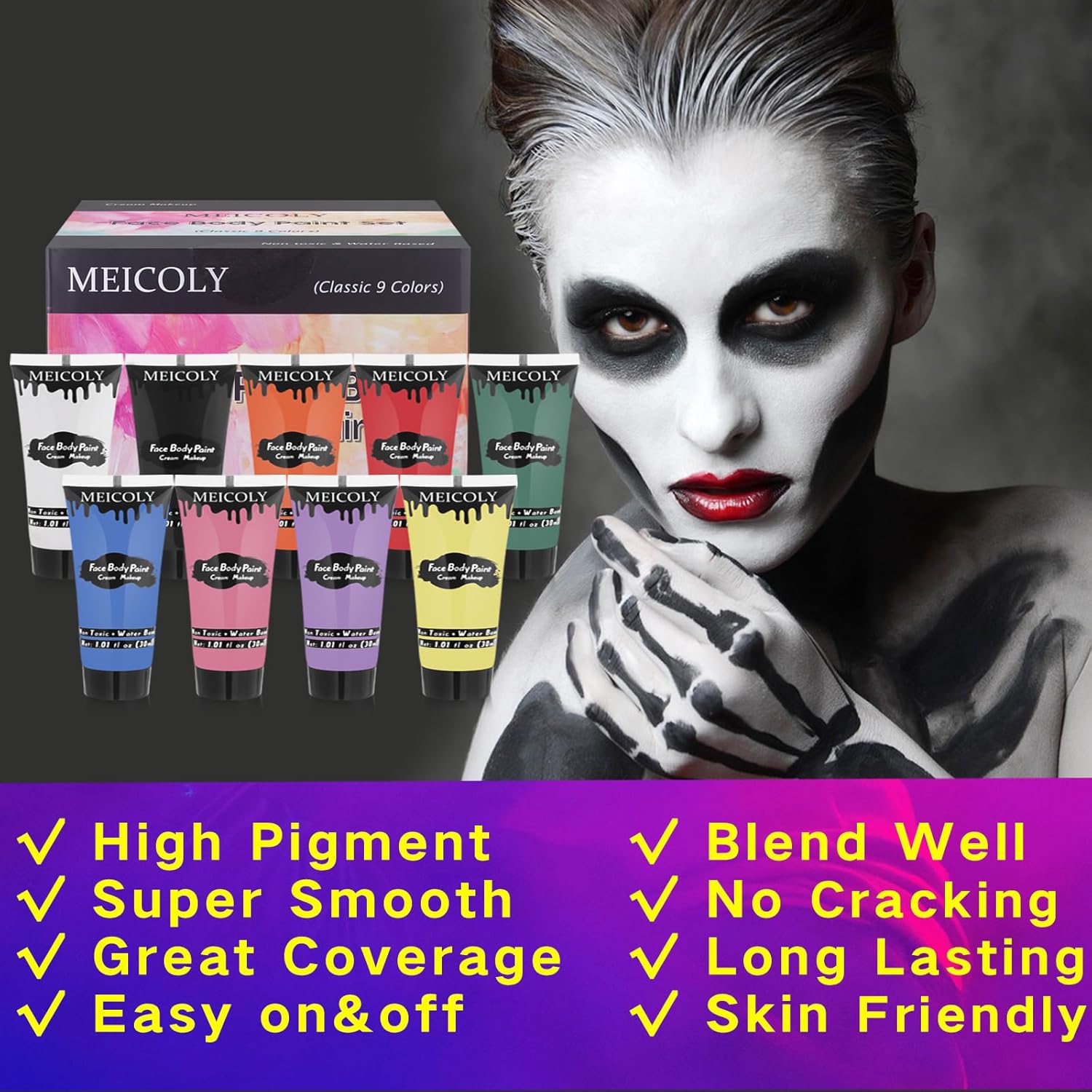 Highlights multiple key features and benefits of the face paint product to demonstrate its quality and versatility for costume makeup applications.