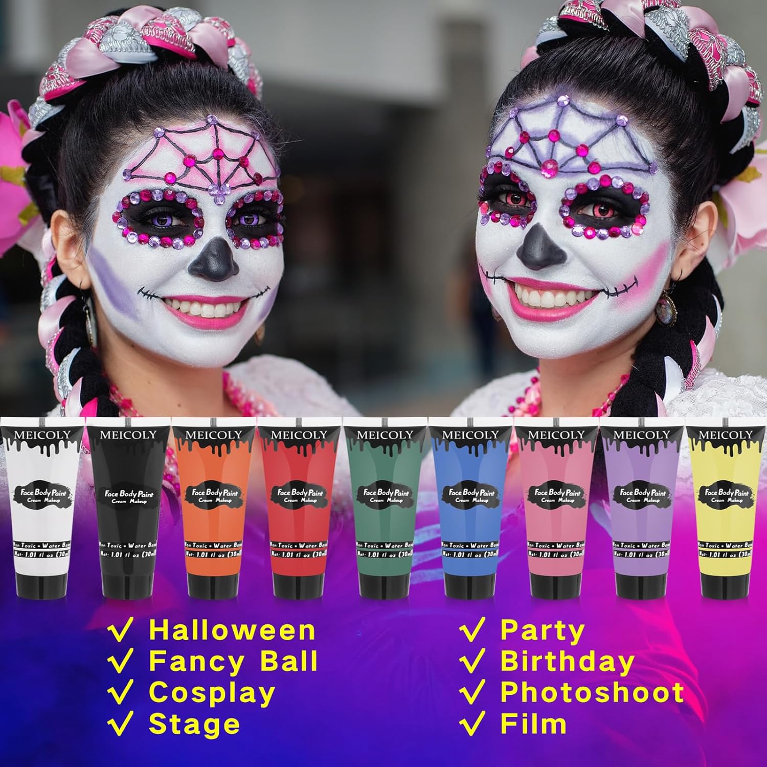 Demonstrates various applications of the face paint product for Halloween, parties, cosplay, and other events. Highlights the product's relevance for seasonal events like Halloween and costume…