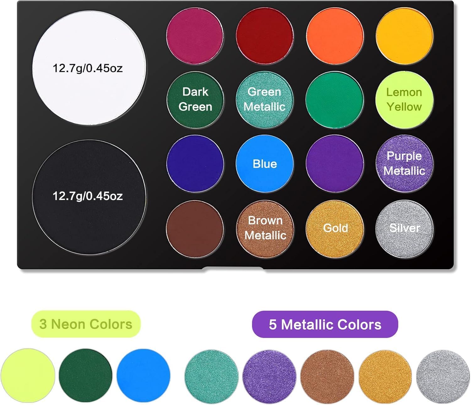 Showcases the wide range of colors available in the eyeshadow palette, including both metallic and neon shades.