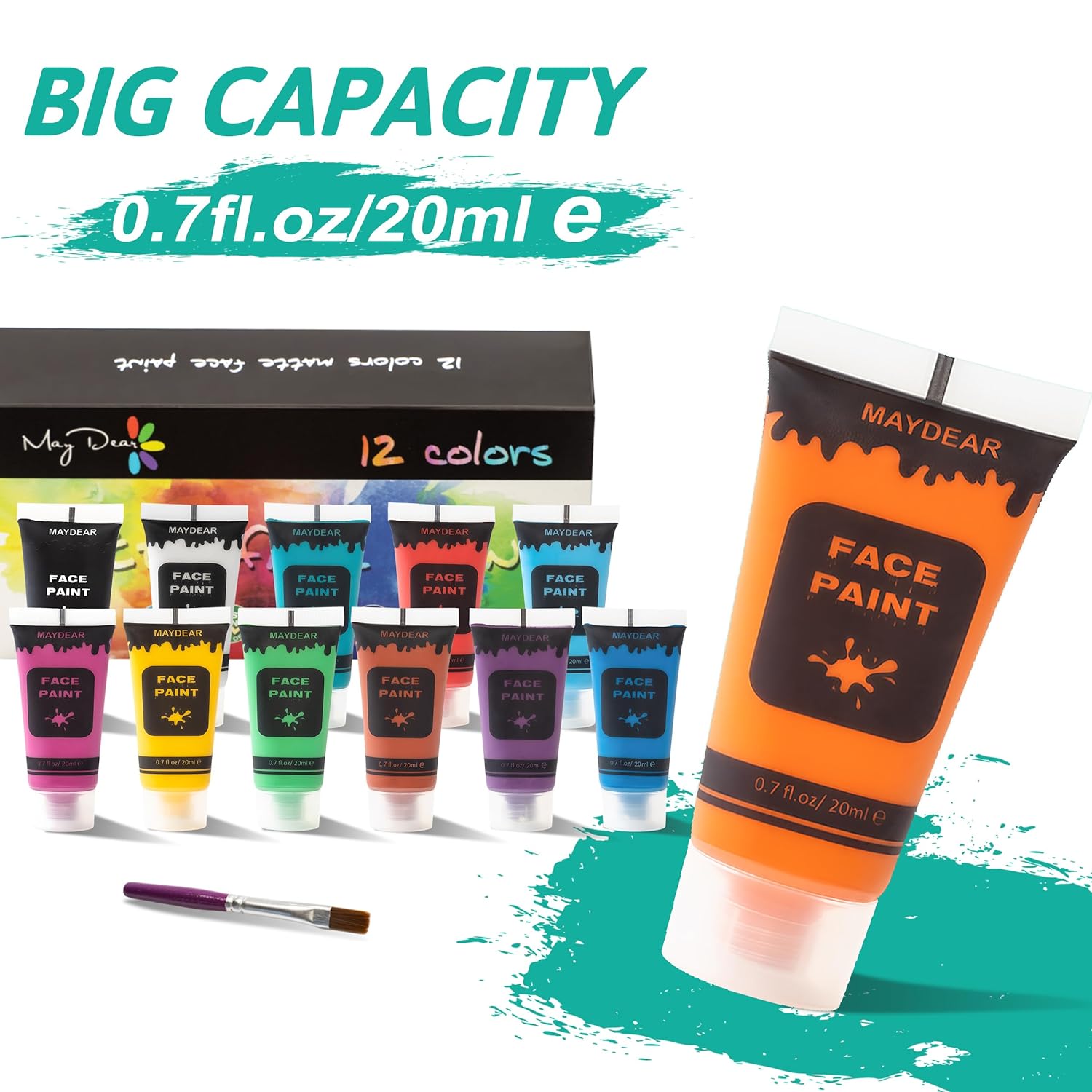 Emphasizes the product's large volume capacity of 0.7 fl. oz/20ml to show customers they're getting good value. Shows the full set of 12 face paint colors and included brush to highlight the…