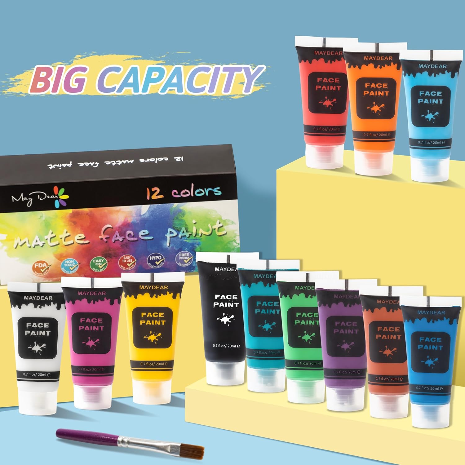 Showcases the full set of 12 colorful face paint tubes included in the product, emphasizing variety and value. Highlights the large size of the face paint…