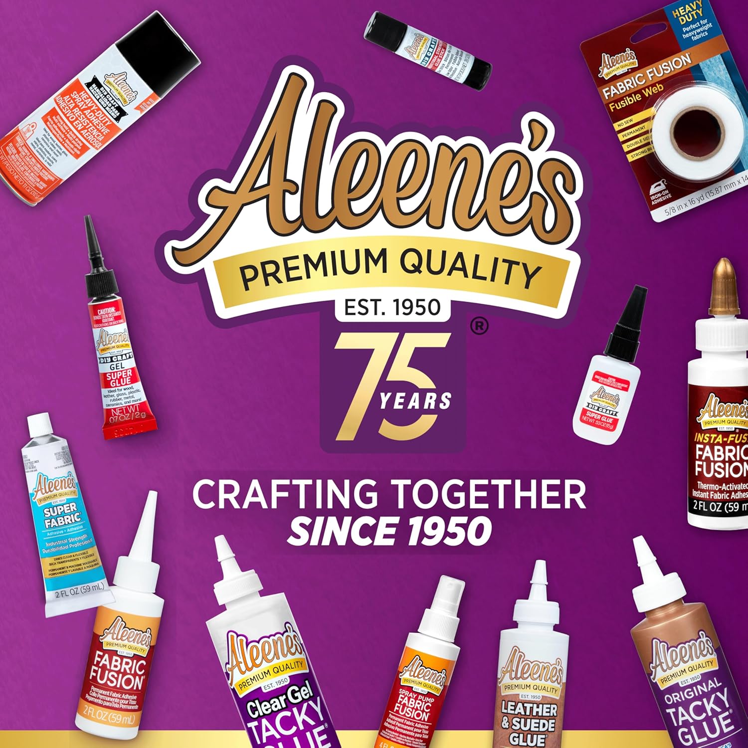Emphasizes Aleene's long-standing brand history and showcases their diverse range of craft adhesive products. Displays the variety of Aleene's adhesive products available, helping customers…