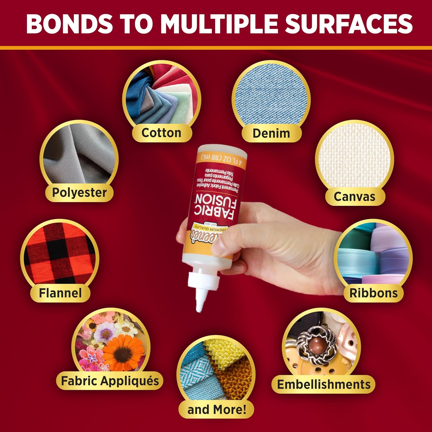 Showcases the product's ability to bond to a wide variety of fabric and craft surfaces, demonstrating its versatility for different projects.