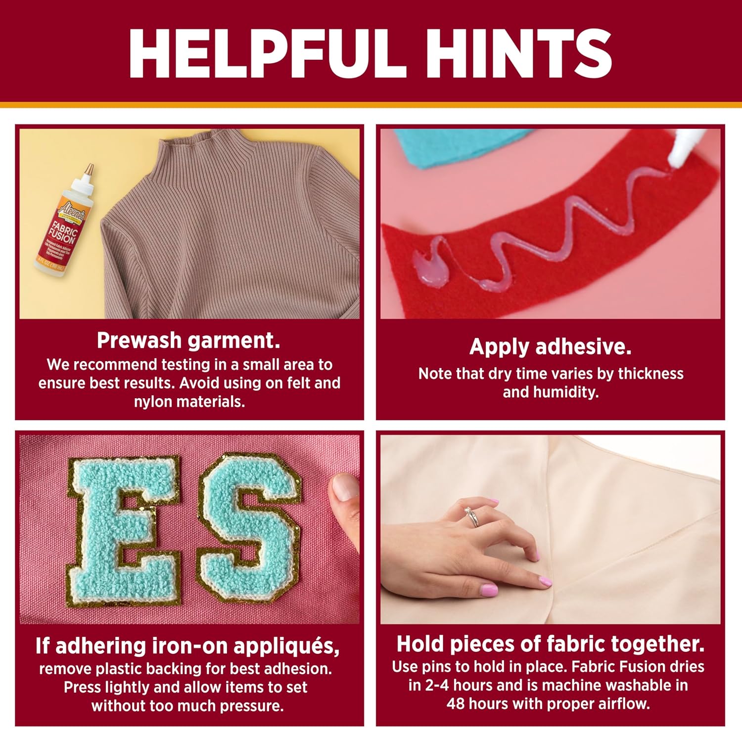 Provides step-by-step instructions on how to properly use fabric adhesive for various applications, ensuring best results for the customer.