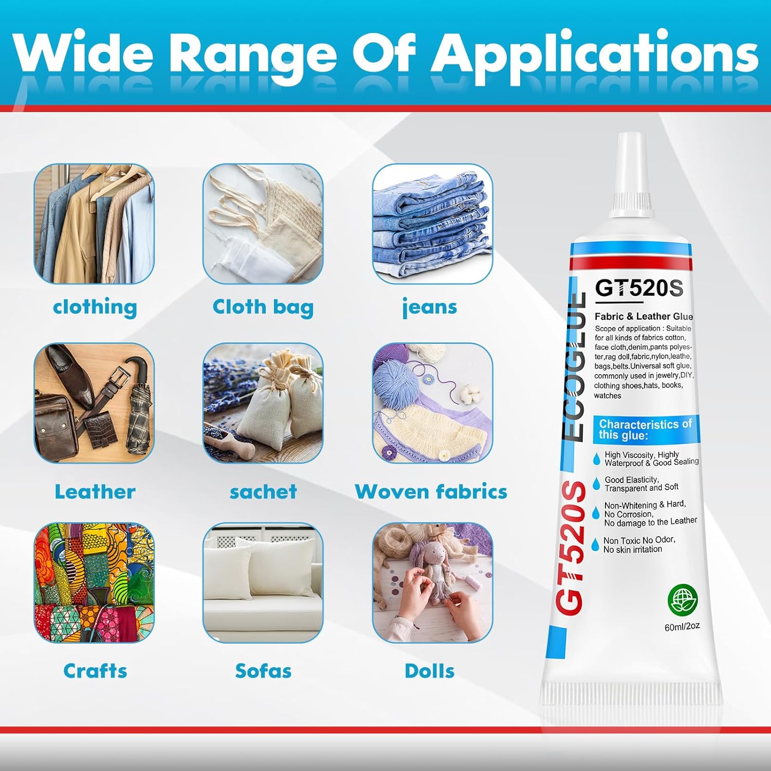 Demonstrates the wide range of materials and items the glue can be used on, showcasing its versatility for various crafting and repair needs.