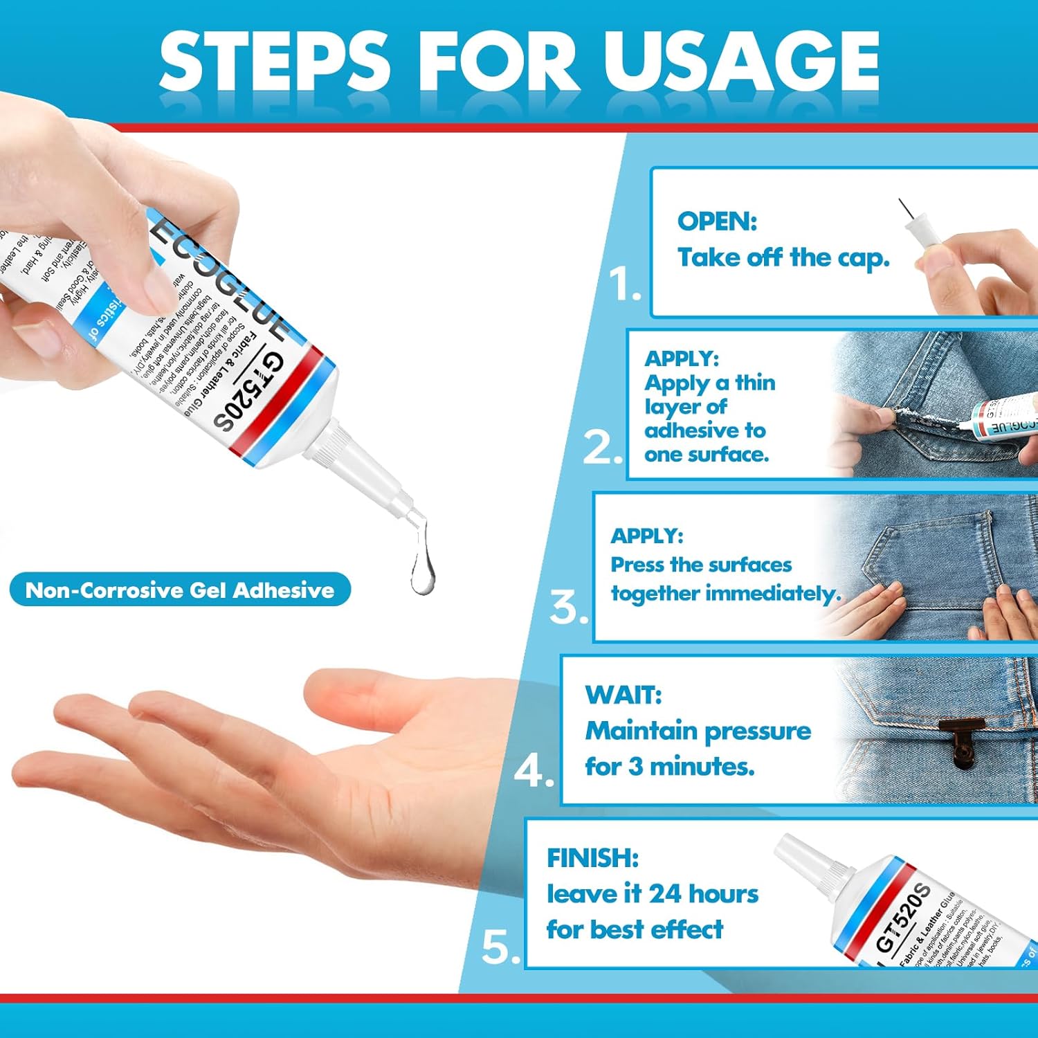 Provides clear step-by-step instructions on how to use the non-corrosive gel adhesive, ensuring customers understand the proper application process.