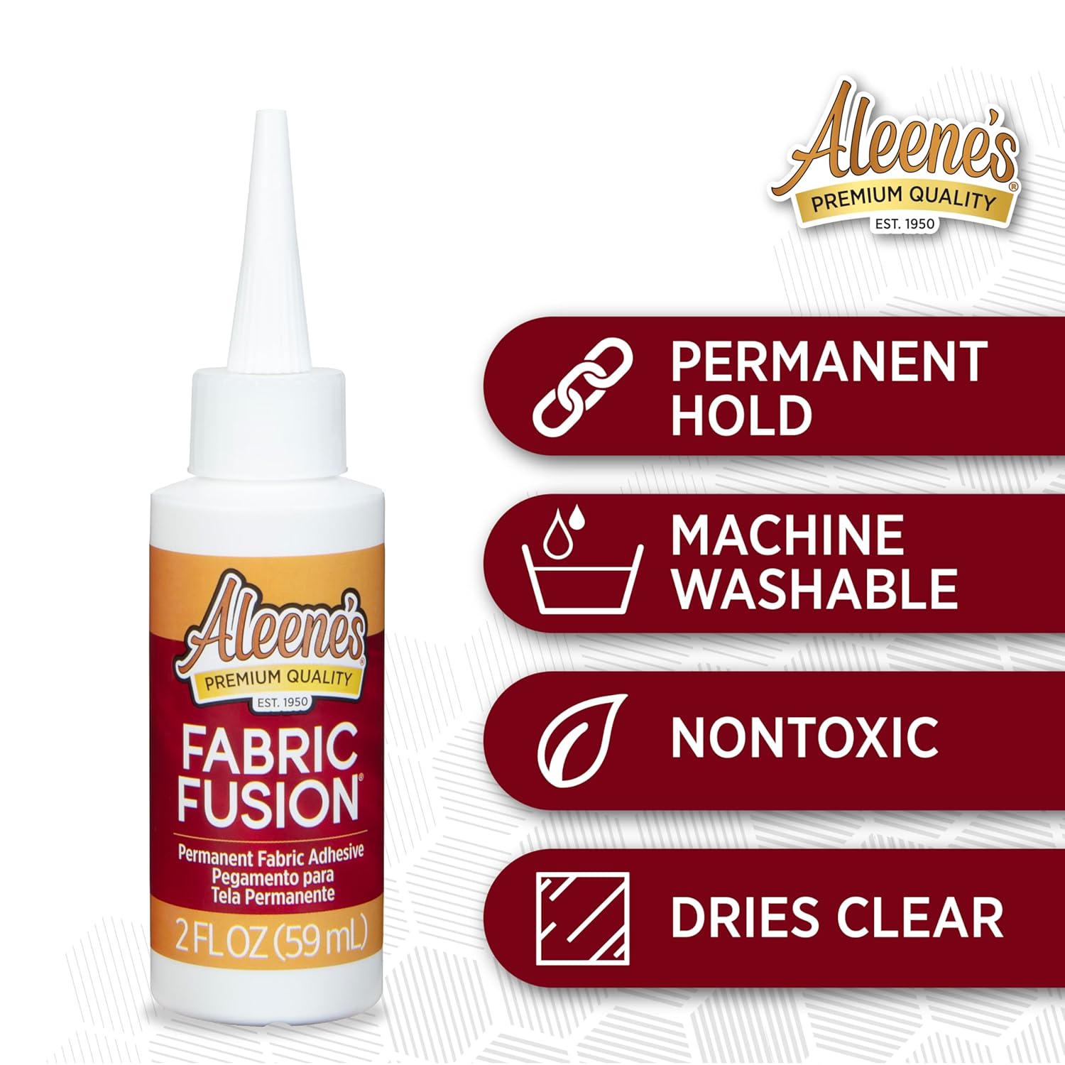 Highlights multiple key features of the fabric adhesive to demonstrate its versatility and safety for various fabric projects.