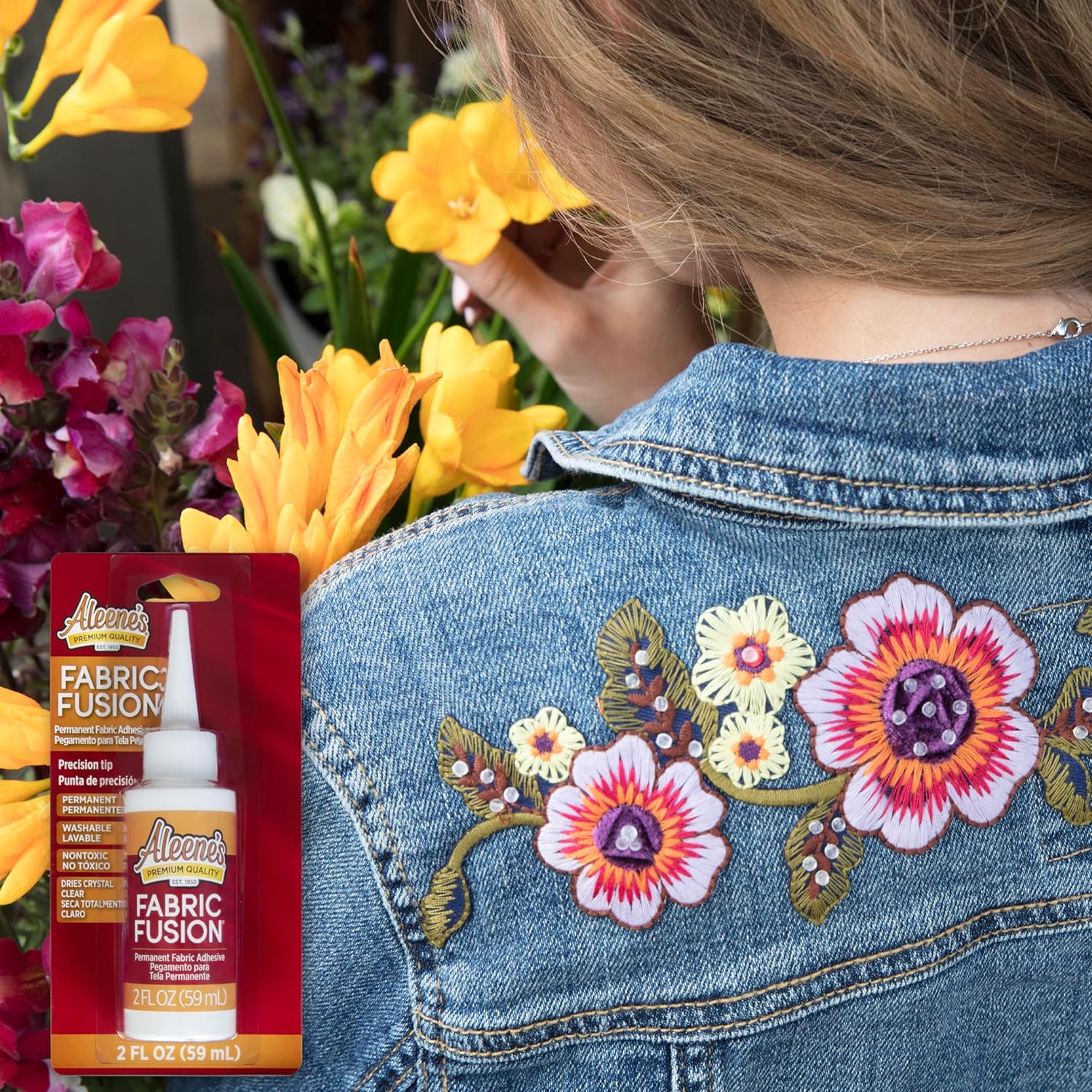 Demonstrates how the product can be used to create decorative floral designs on denim clothing, showcasing its versatility for fabric crafting.