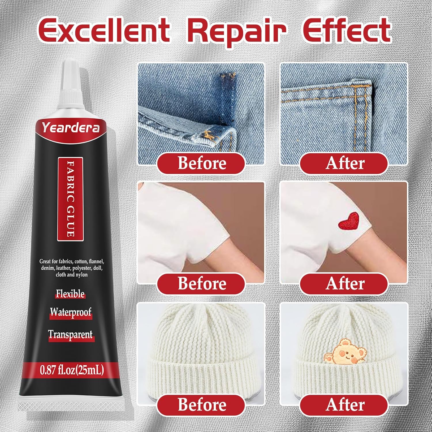 Demonstrates the product's ability to repair and restore various fabric items, showing clear before and after results. Highlights the product's primary…