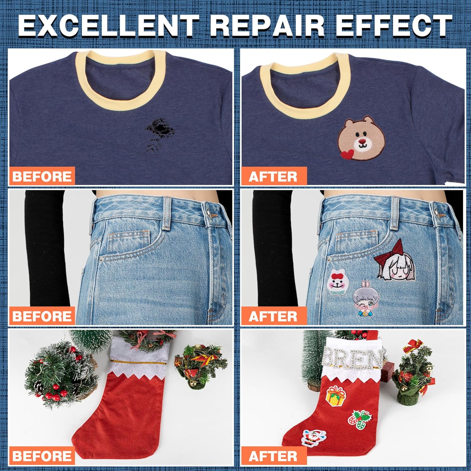 Demonstrates the product's ability to repair or customize clothing by showing before and after images of patched garments.