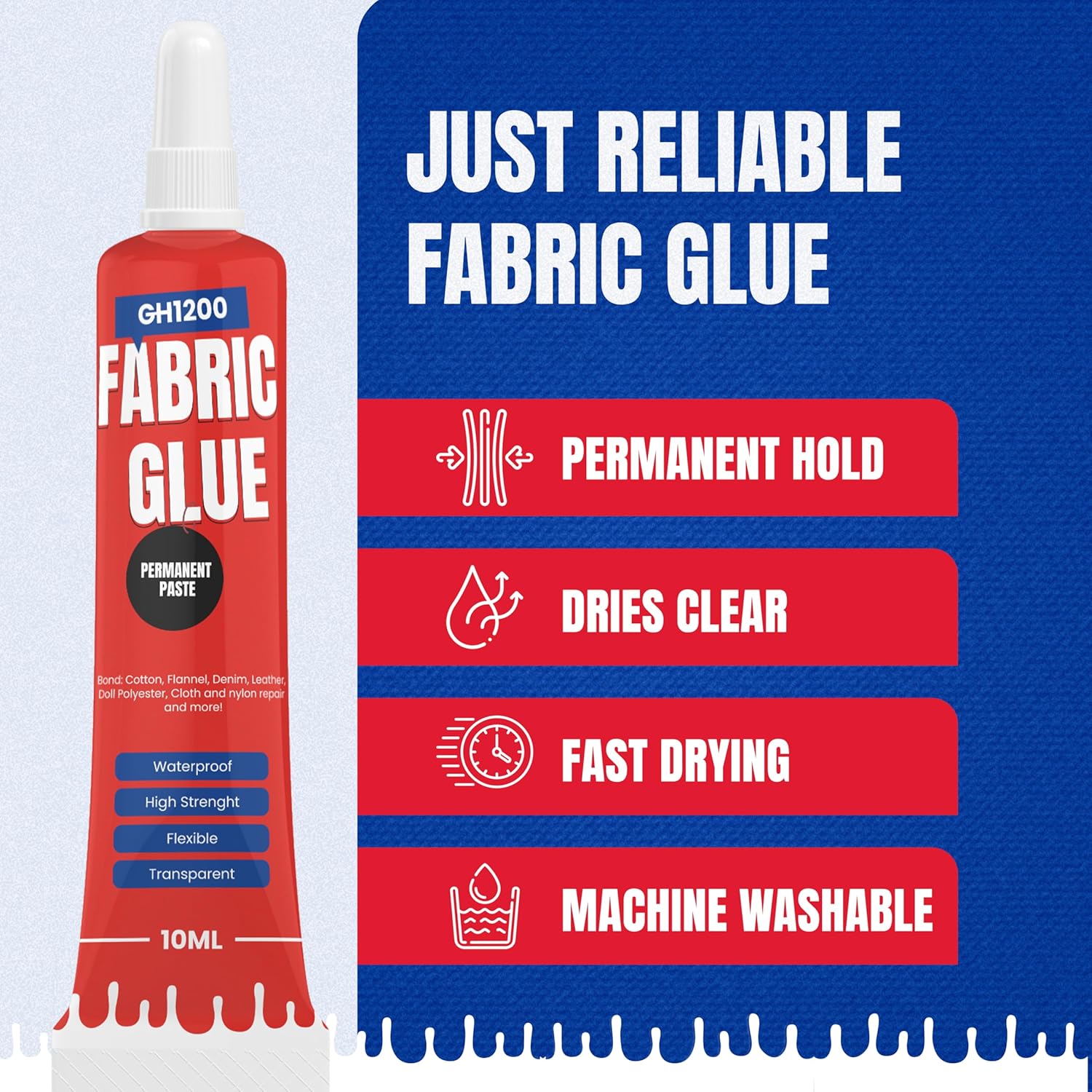 Highlights multiple key features of the fabric glue to demonstrate its effectiveness and versatility for various fabric repair needs.