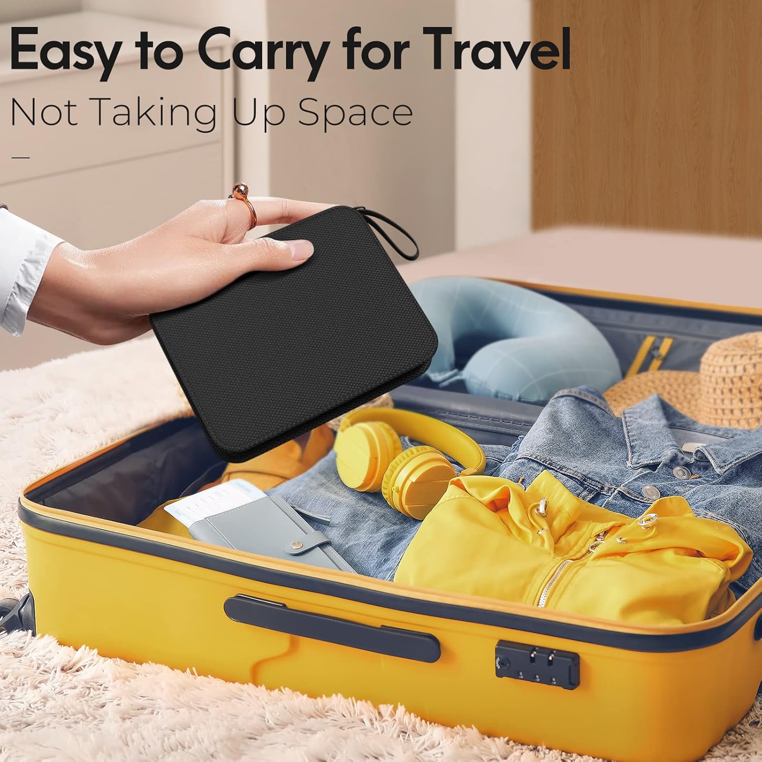Demonstrates how the product is ideal for travel due to its compact size and easy portability. Highlights the product's space-saving feature, showing it…