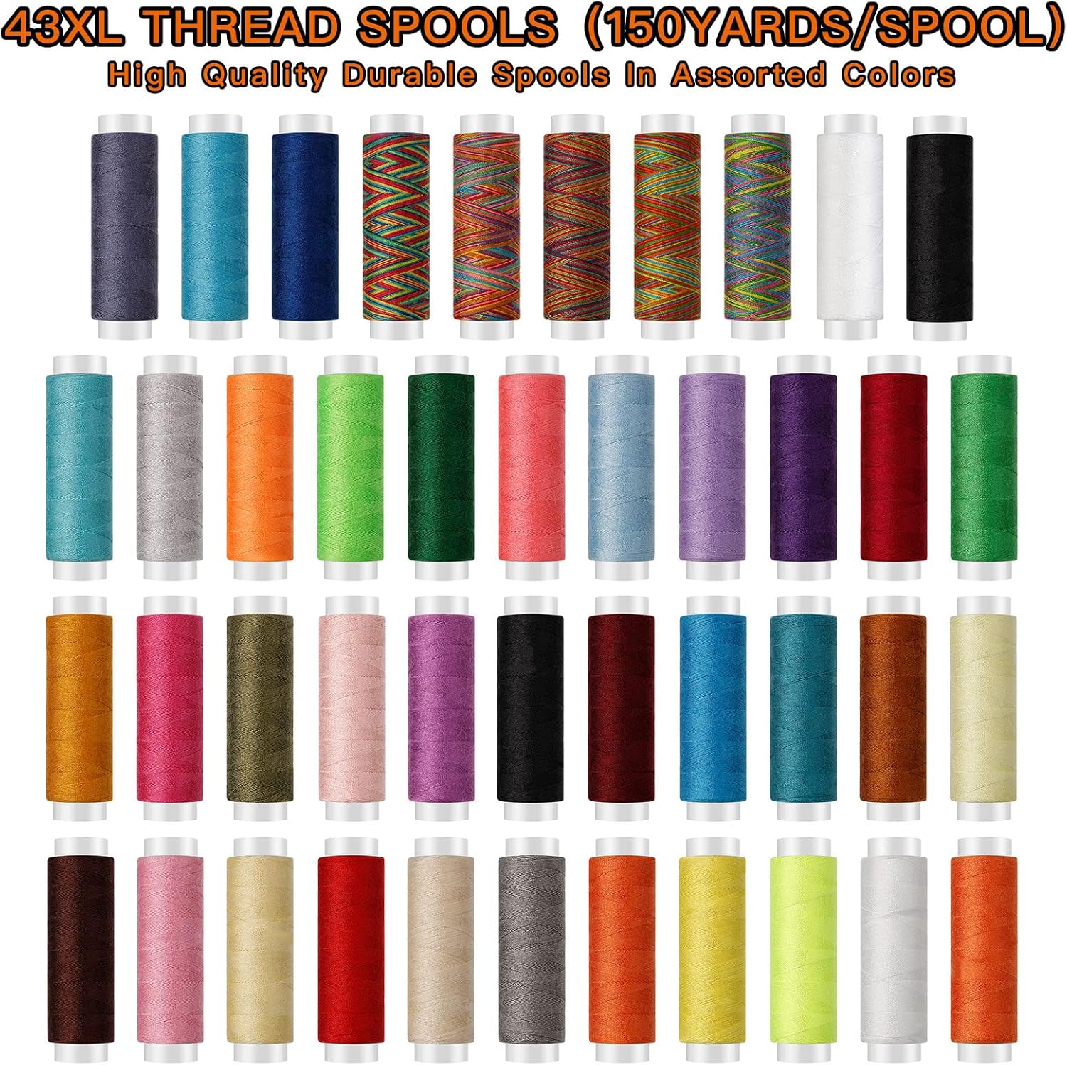 Showcases the wide range of thread colors and types included in the set, emphasizing quantity and variety to appeal to crafters and sewers.