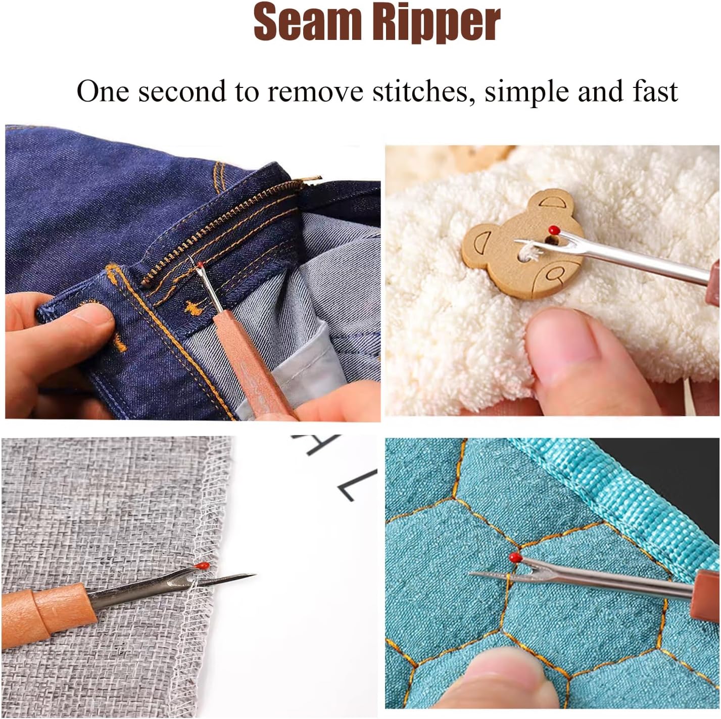 Demonstrates how to quickly and easily remove stitches using a seam ripper tool on various fabrics. Highlights the speed and simplicity of removing stitches with the seam ripper, emphasizing 'One…