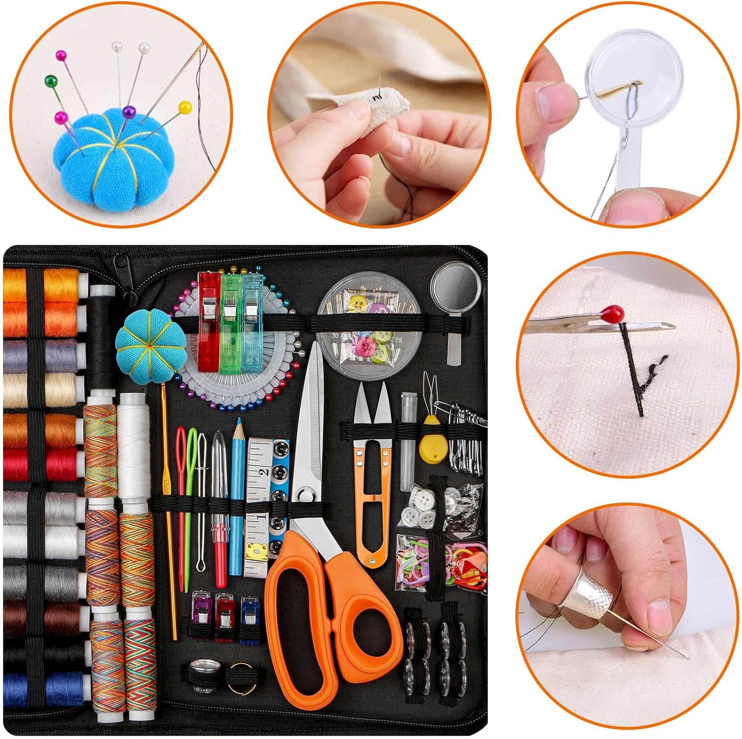 Shows all the items included in the sewing kit, demonstrating the comprehensive set of tools and materials provided.