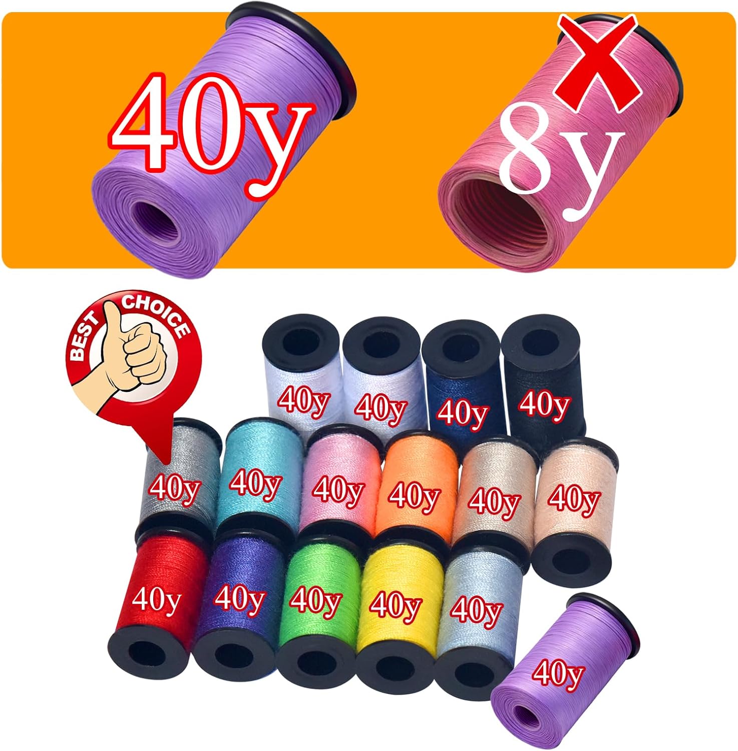 Highlights the superior thread length (40y vs 8y) and showcases the wide variety of color options available.