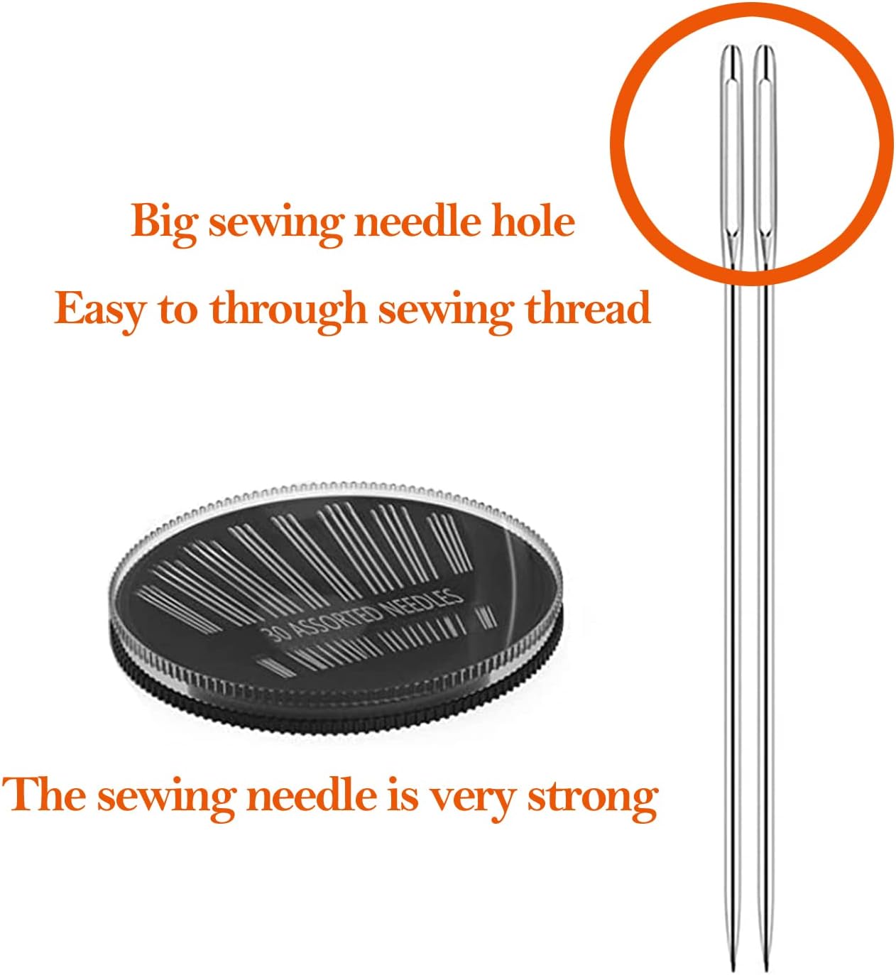 Highlights the large eye of the sewing needle, emphasizing how it makes threading easier for users.