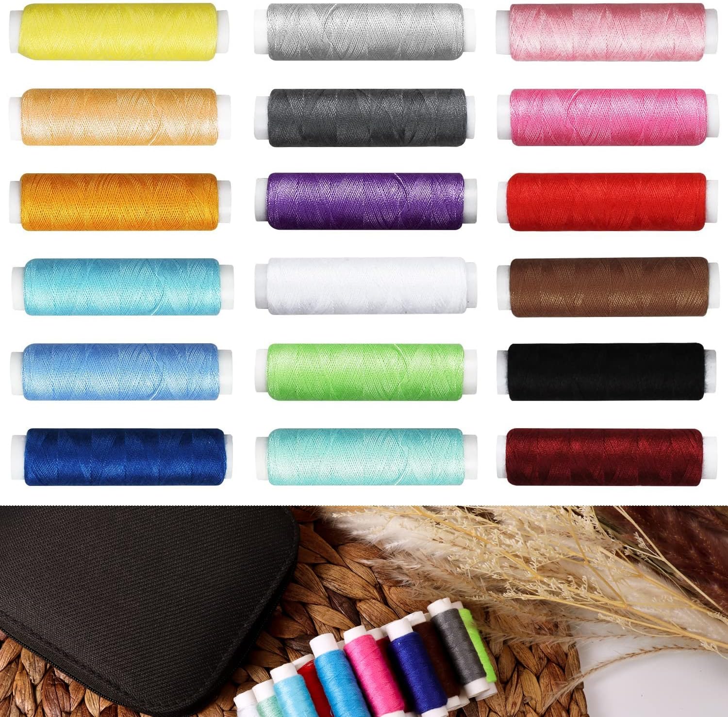 Showcases the wide range of thread colors included in the product set, appealing to crafters who want versatility in their sewing projects.