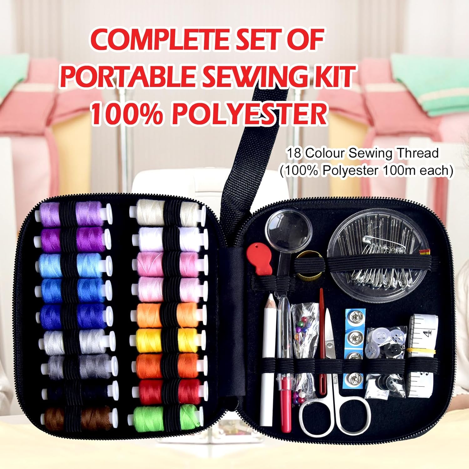 Shows all the items included in the portable sewing kit, highlighting its comprehensiveness and variety of tools and threads.