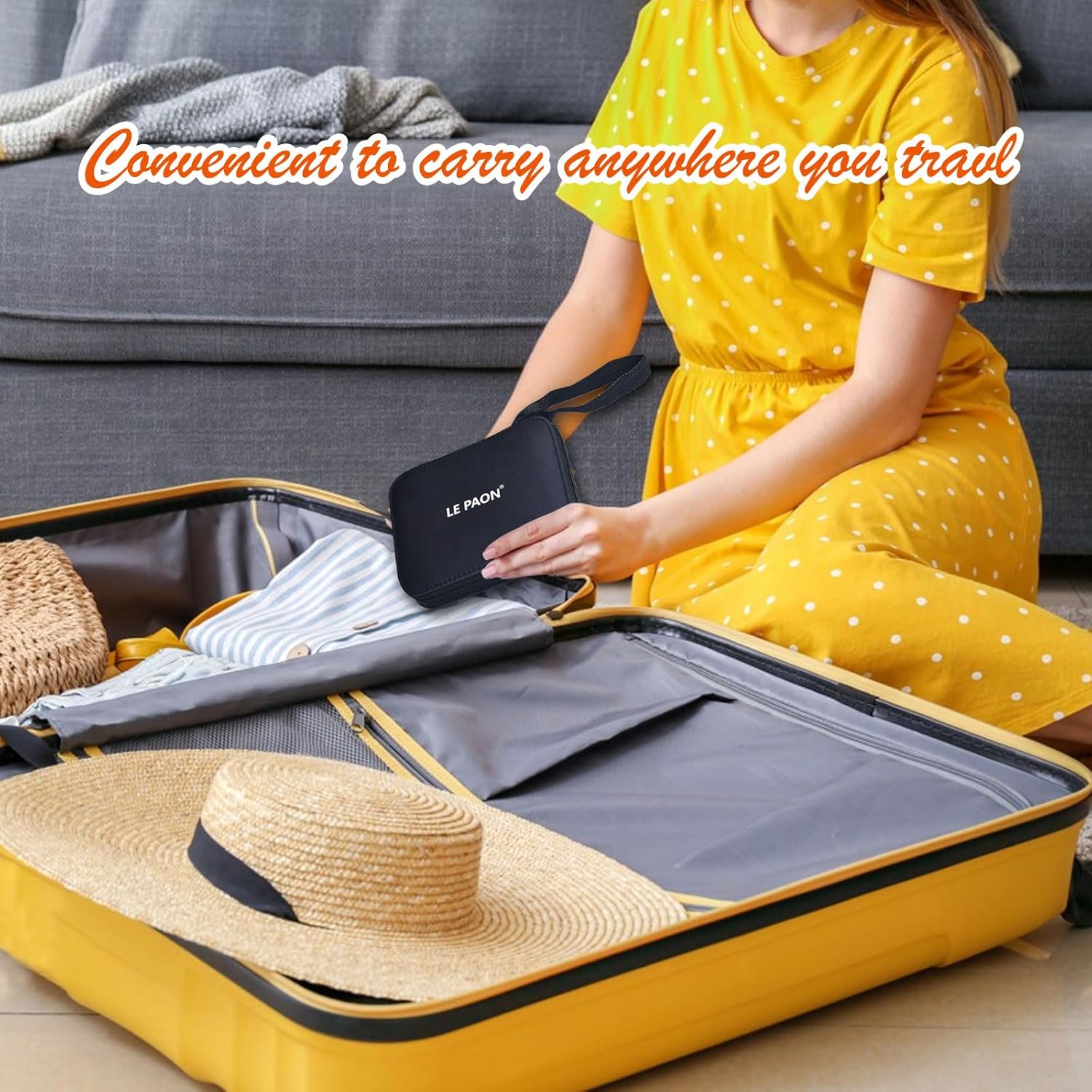 Demonstrates the product's portability and convenience for travel, showing how it easily fits into luggage.