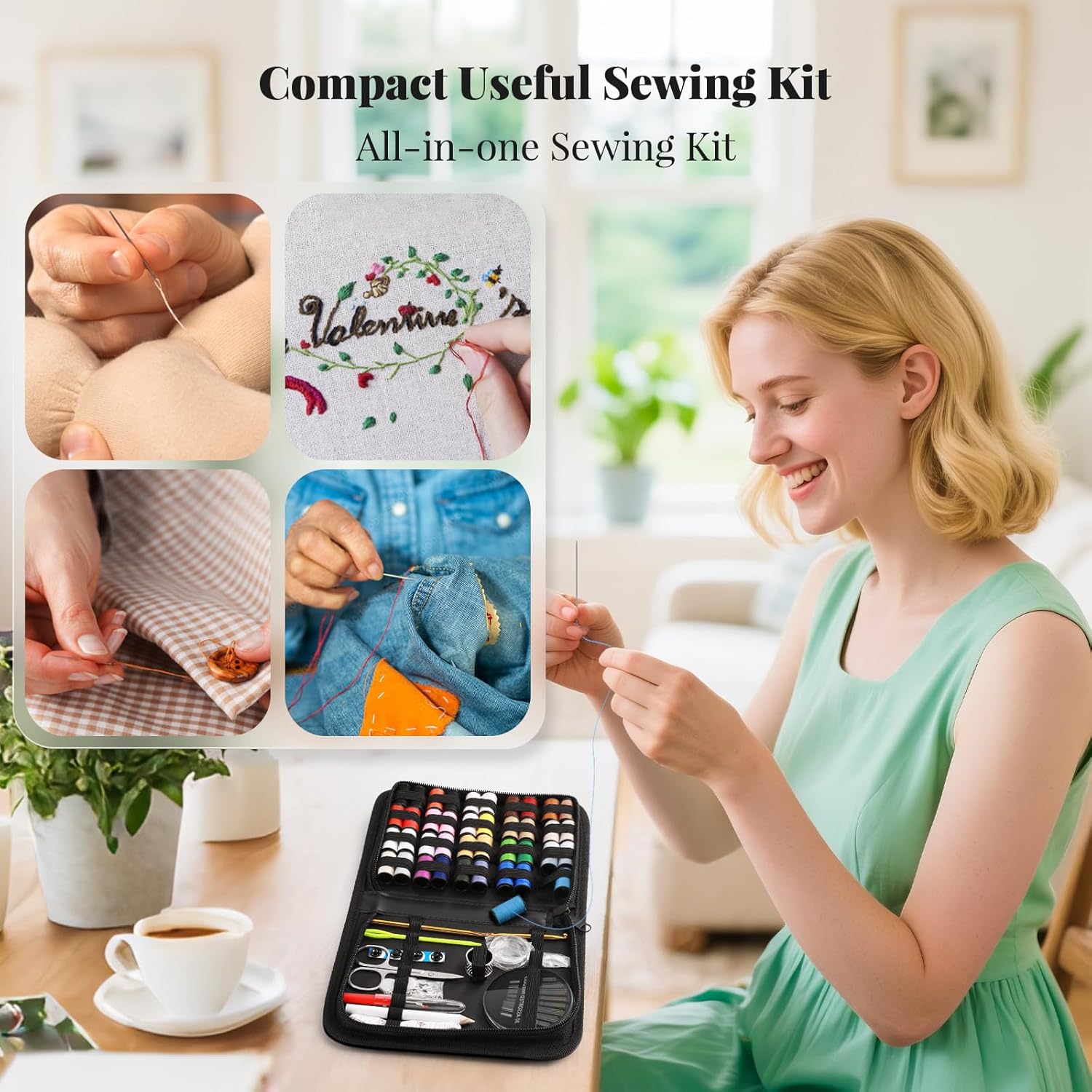 Showcases the sewing kit's compact size and versatility for various sewing tasks, emphasizing its all-in-one convenience. Demonstrates different sewing…