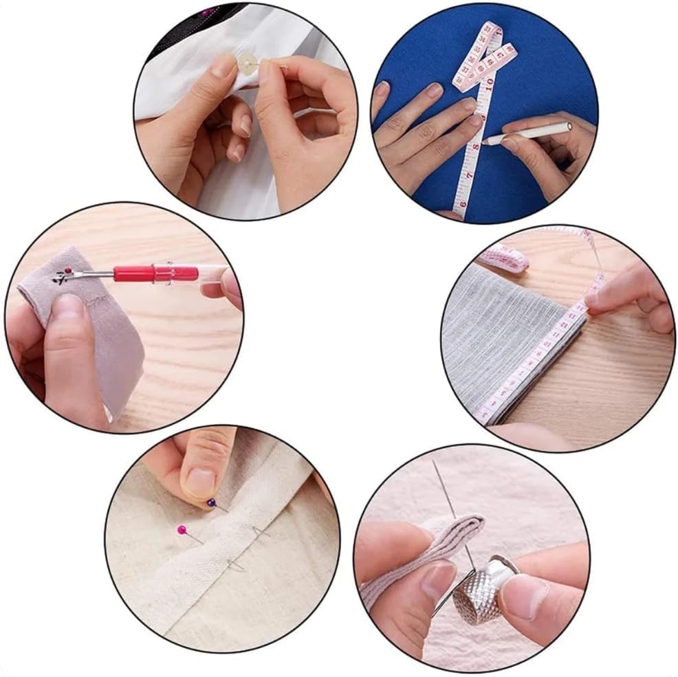 Demonstrates various sewing and measuring techniques to help users understand how to use sewing tools and perform basic tasks.