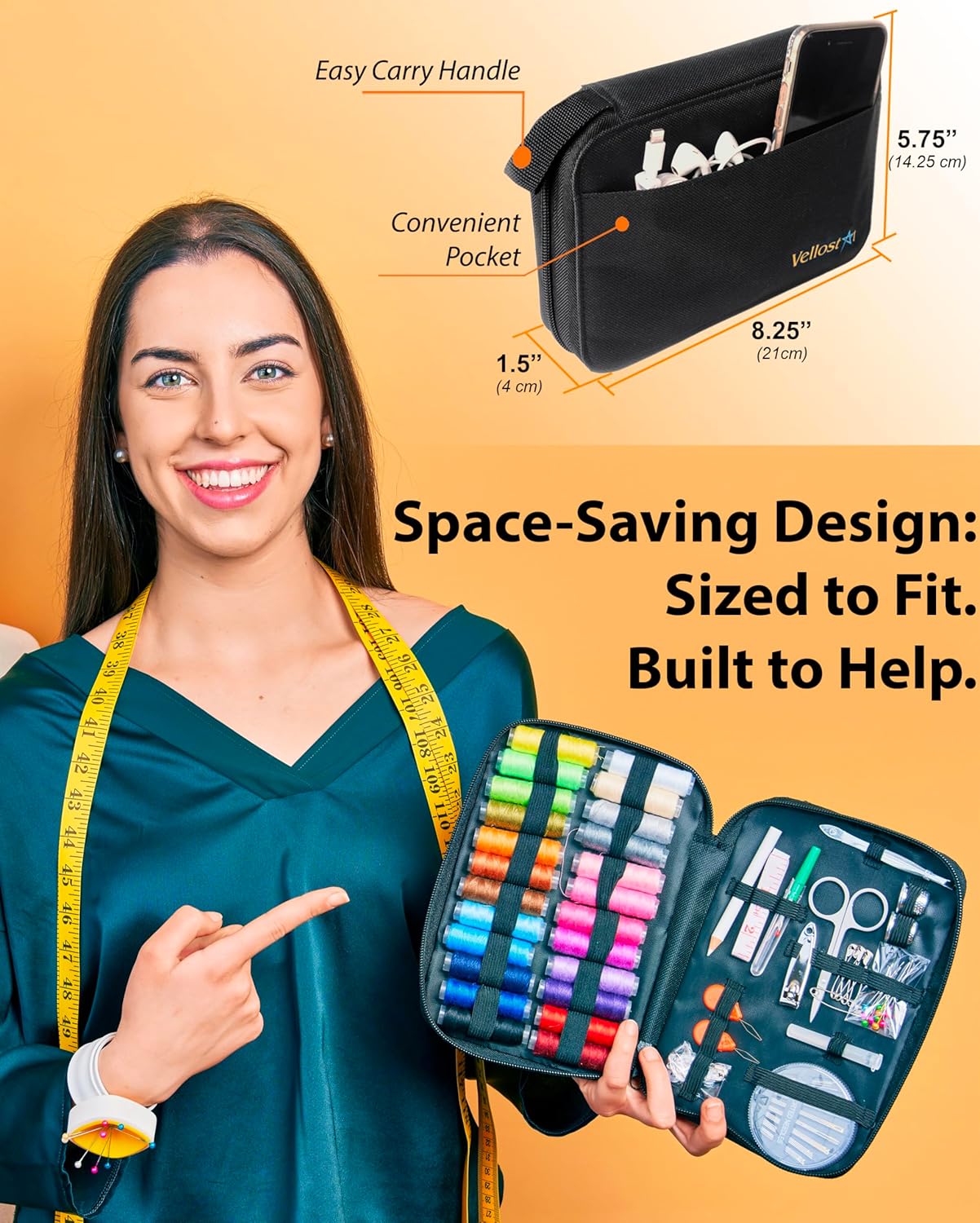 Highlights the product's space-saving design and multiple features to appeal to crafters and sewers looking for an organized, portable solution. Provides exact measurements of the product to help…