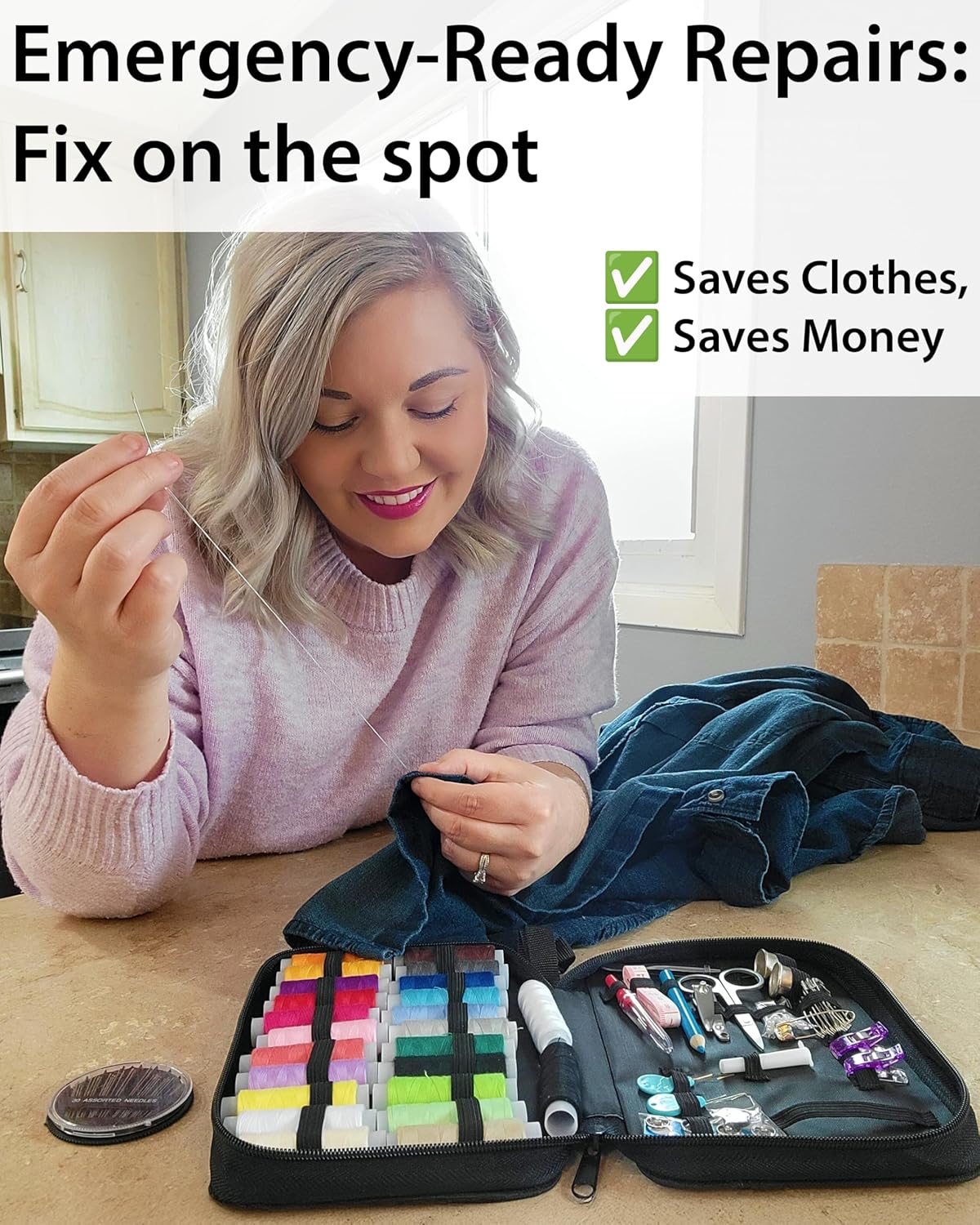 Demonstrates the product's ability to provide quick, on-the-spot clothing repairs, saving both clothes and money.