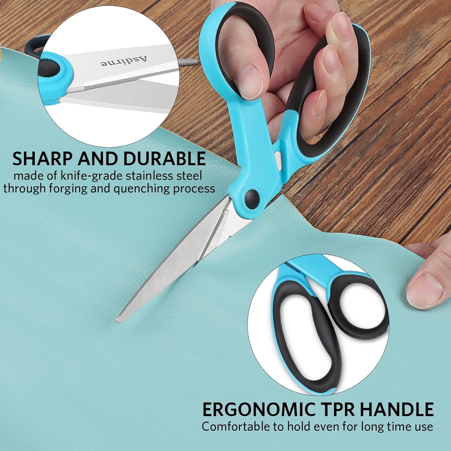 Highlights multiple key features of the scissors to demonstrate their quality and comfort for extended use.