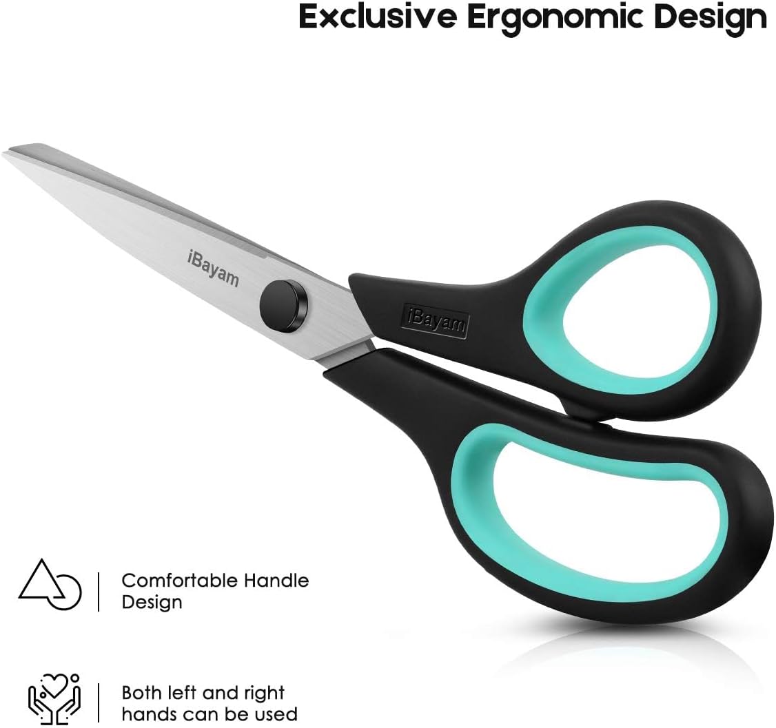 Highlights the exclusive ergonomic design of the scissors to emphasize comfort and ease of use for both left and right-handed users.