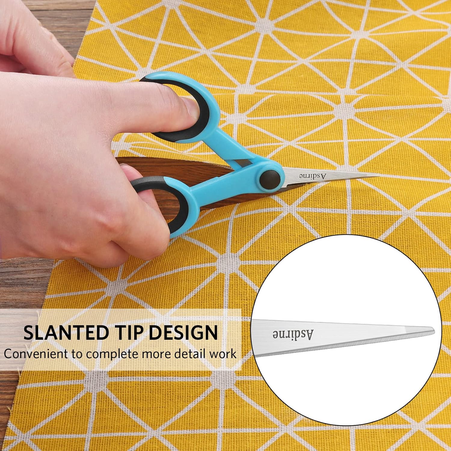 Highlights the slanted tip design of the scissors to show how it enables more detailed and precise cutting work.