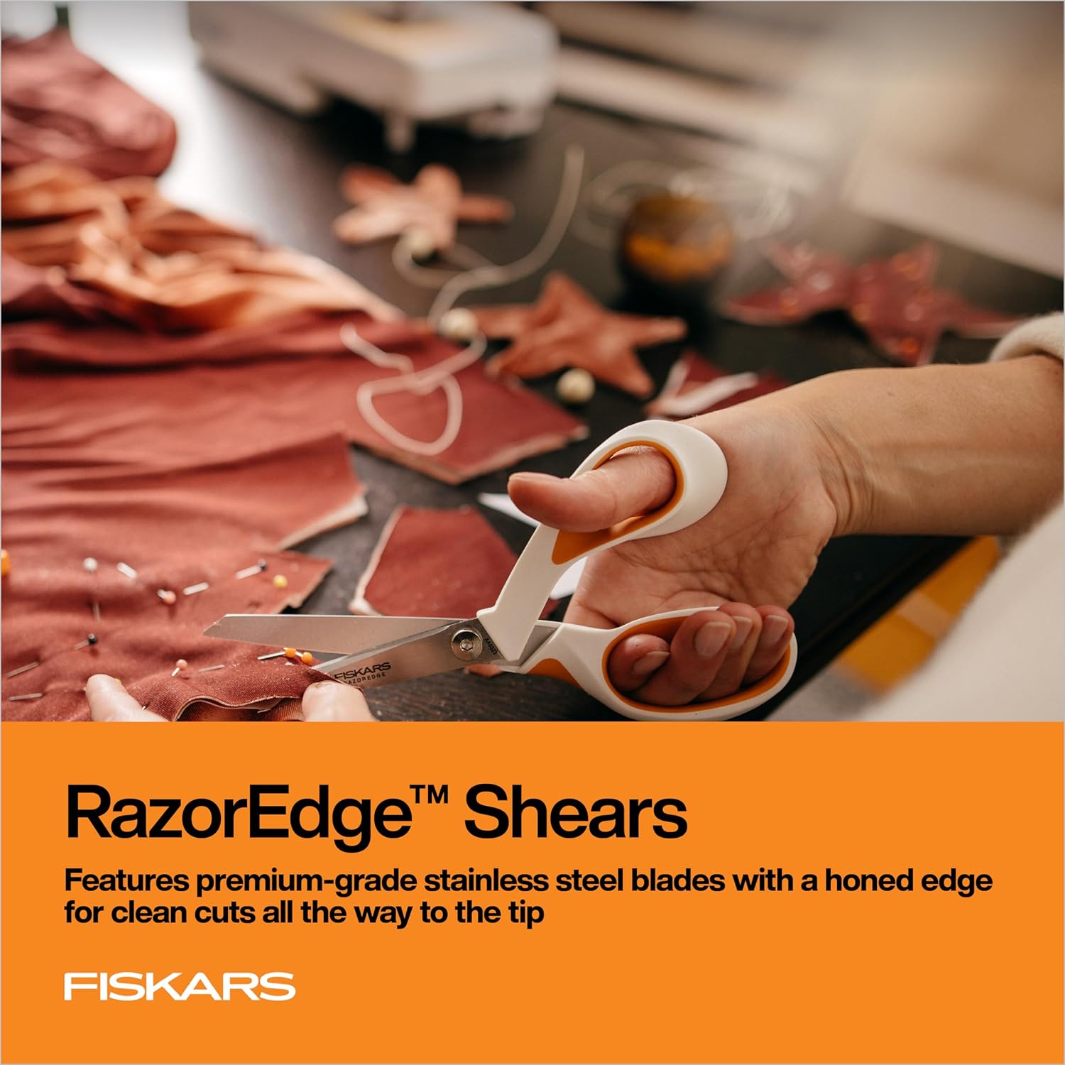 Highlights the high-quality stainless steel blades with a honed edge to emphasize precise cutting ability.