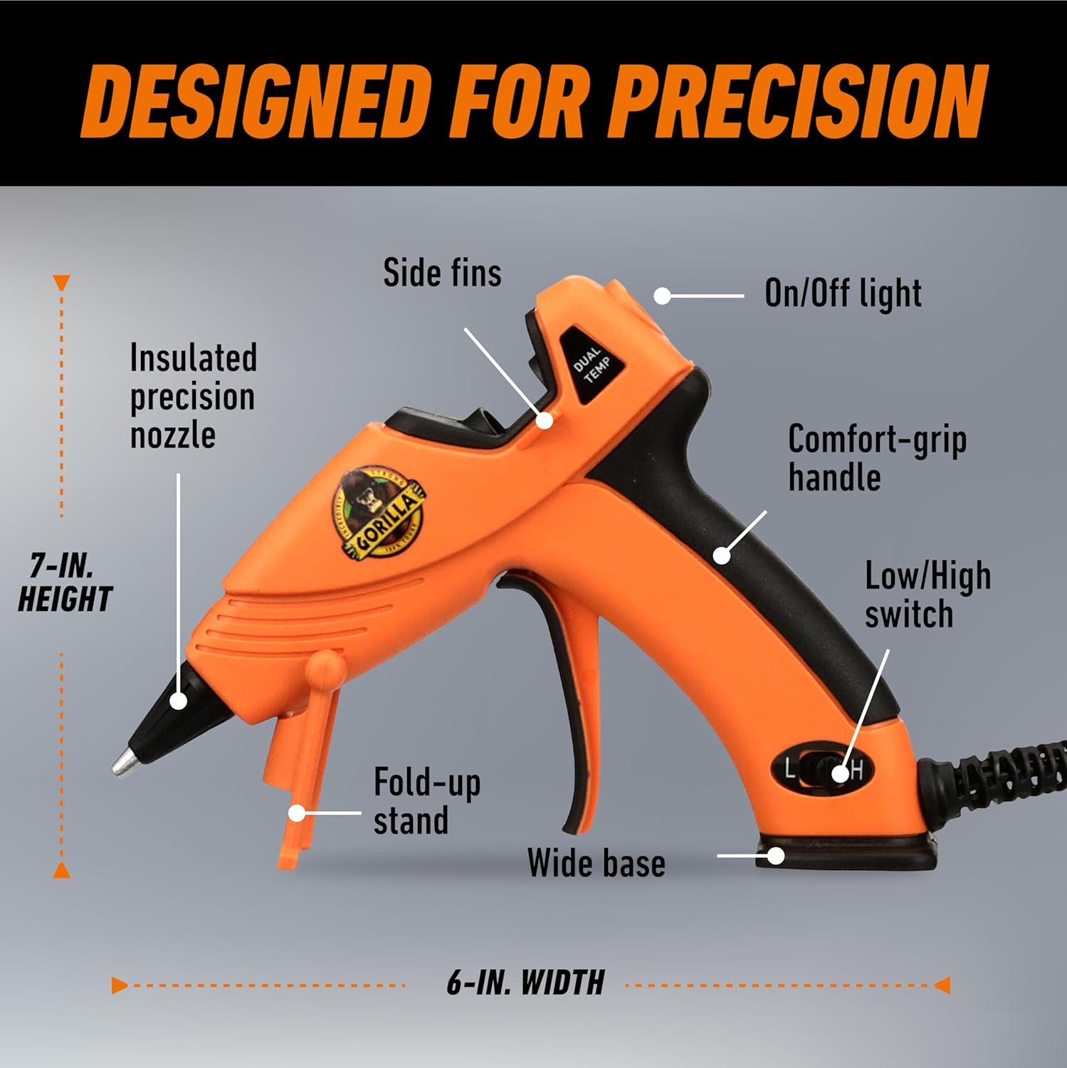 Highlights the key features and components of the glue gun, emphasizing its precision and user-friendly design.