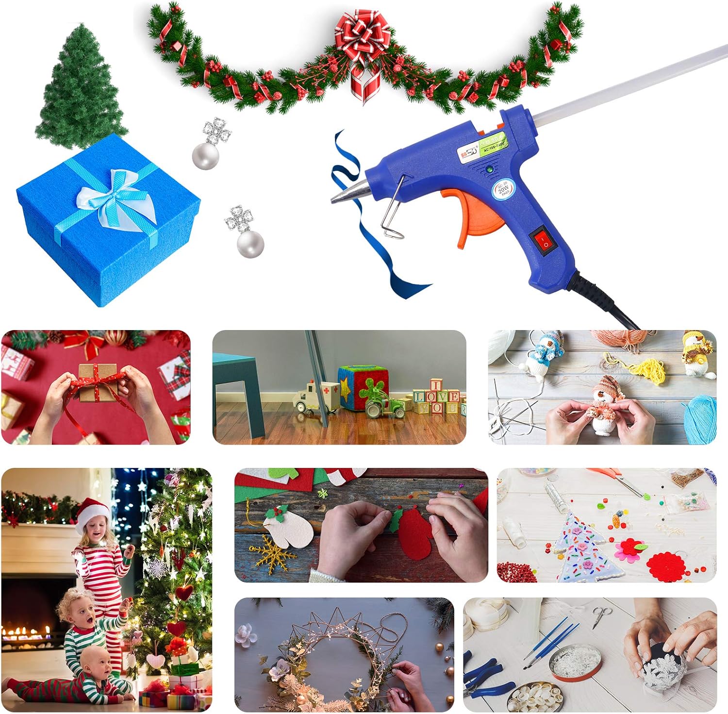 Showcases the glue gun as an essential tool for Christmas decorating and gift-wrapping projects. Demonstrates various holiday-related uses for the glue gun, from creating decorations to wrapping…