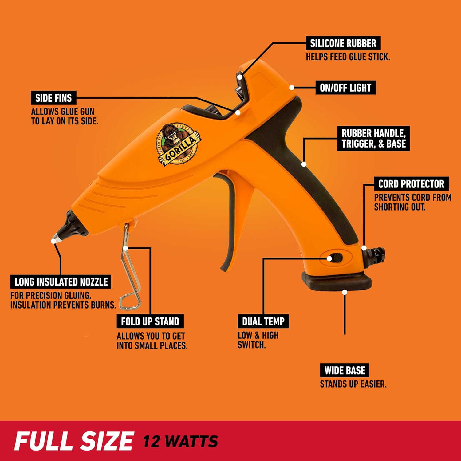 Highlights the various features and components of the Gorilla glue gun to showcase its functionality and design advantages.