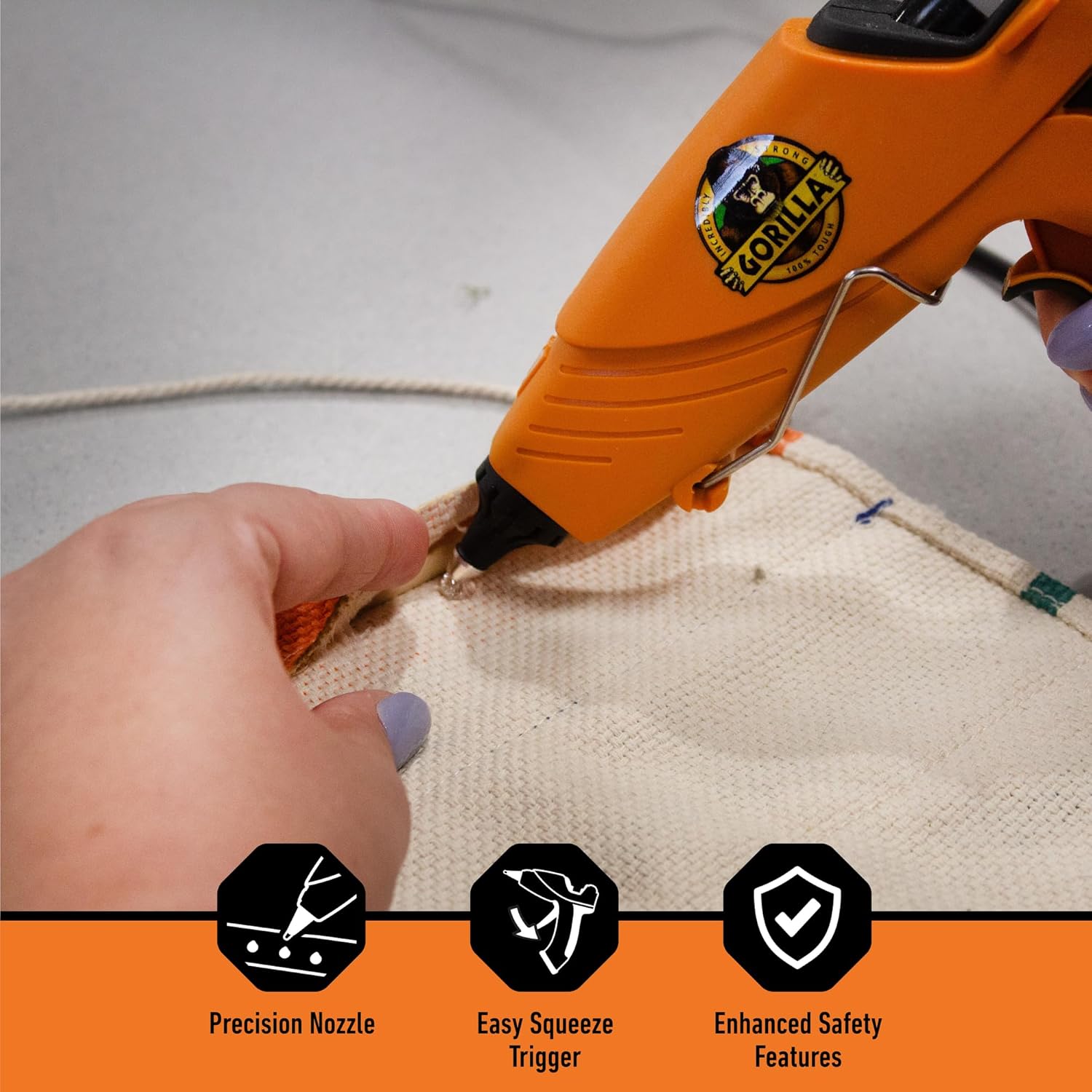 Highlights multiple key features of the glue gun to demonstrate its ease of use, precision, and safety.